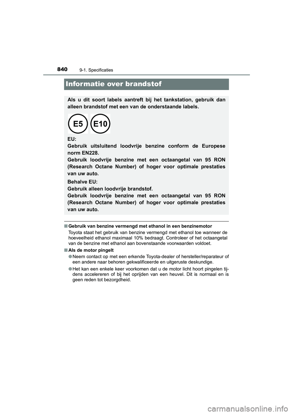 TOYOTA C-HR 2018 Instructieboekje (in Dutch) 8409-1. Specificaties
C-HR_OM_Europe_OM10571E
Informatie over brandstof
■Gebruik van benzine vermengd met ethanol in een benzinemotor
Toyota staat het gebruik van benzine vermengd met ethanol toe w TOYOTA C-HR 2018 Instructieboekje (in Dutch) 8409-1. Specificaties
C-HR_OM_Europe_OM10571E
Informatie over brandstof
■Gebruik van benzine vermengd met ethanol in een benzinemotor
Toyota staat het gebruik van benzine vermengd met ethanol toe w