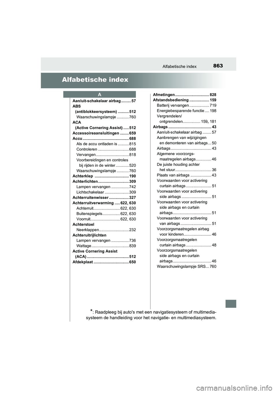 TOYOTA C-HR 2018 Instructieboekje (in Dutch) 863Alfabetische index
C-HR_OM_Europe_OM10571E
Alfabetische index
Aan/uit-schakelaar airbag ......... 57
ABS (antiblokkeersysteem) .......... 512Waarschuwingslampje ........... 760
ACA
(Active Corneri TOYOTA C-HR 2018 Instructieboekje (in Dutch) 863Alfabetische index
C-HR_OM_Europe_OM10571E
Alfabetische index
Aan/uit-schakelaar airbag ......... 57
ABS (antiblokkeersysteem) .......... 512Waarschuwingslampje ........... 760
ACA
(Active Corneri