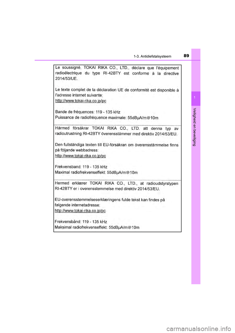 TOYOTA C-HR 2018 Instructieboekje (in Dutch) 891-3. Antidiefstalsysteem
1
Veiligheid en beveiliging
C-HR_OM_Europe_OM10571E
C-HR_OM_Europe_OM10571E.book Page 89 Monday, March 19, 2018 4:17 PM TOYOTA C-HR 2018 Instructieboekje (in Dutch) 891-3. Antidiefstalsysteem
1
Veiligheid en beveiliging
C-HR_OM_Europe_OM10571E
C-HR_OM_Europe_OM10571E.book Page 89 Monday, March 19, 2018 4:17 PM