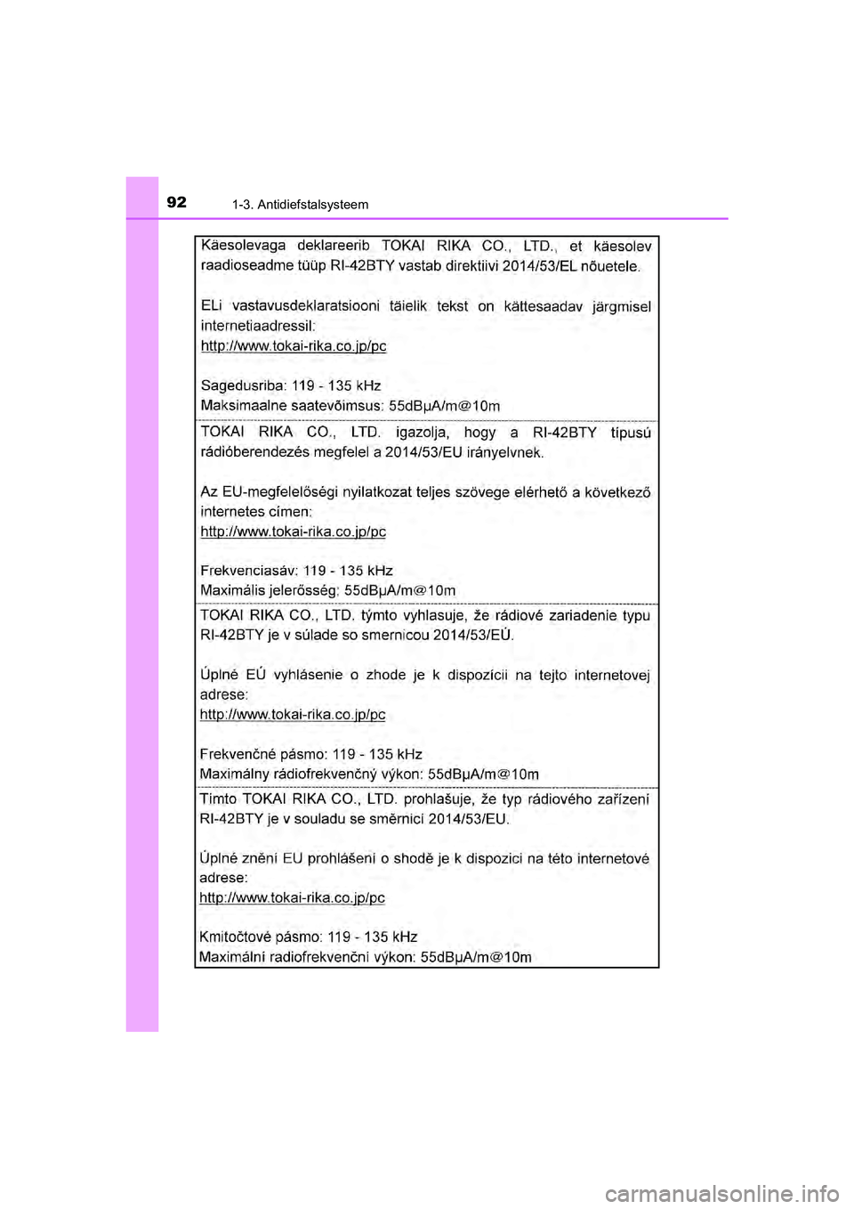 TOYOTA C-HR 2018  Instructieboekje (in Dutch) 921-3. Antidiefstalsysteem
C-HR_OM_Europe_OM10571E
C-HR_OM_Europe_OM10571E.book  Page 92  Monday, March 19, 2018   4:17 PM 