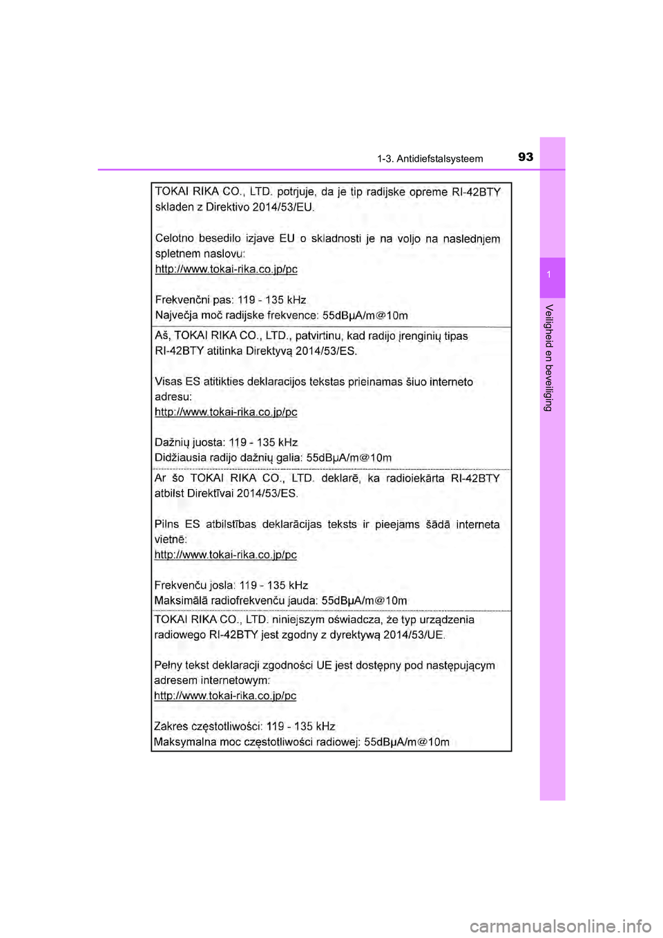 TOYOTA C-HR 2018  Instructieboekje (in Dutch) 931-3. Antidiefstalsysteem
1
Veiligheid en beveiliging
C-HR_OM_Europe_OM10571E
C-HR_OM_Europe_OM10571E.book  Page 93  Monday, March 19, 2018   4:17 PM 