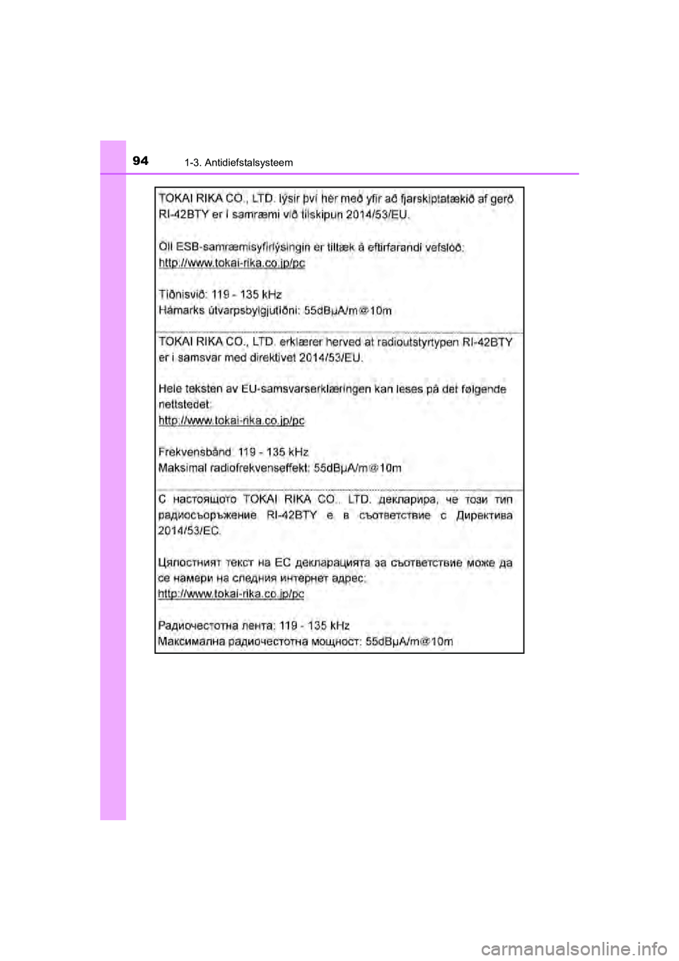 TOYOTA C-HR 2018  Instructieboekje (in Dutch) 941-3. Antidiefstalsysteem
C-HR_OM_Europe_OM10571E
C-HR_OM_Europe_OM10571E.book  Page 94  Monday, March 19, 2018   4:17 PM 