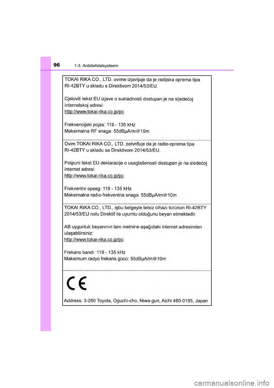 TOYOTA C-HR 2018  Instructieboekje (in Dutch) 961-3. Antidiefstalsysteem
C-HR_OM_Europe_OM10571E
C-HR_OM_Europe_OM10571E.book  Page 96  Monday, March 19, 2018   4:17 PM 