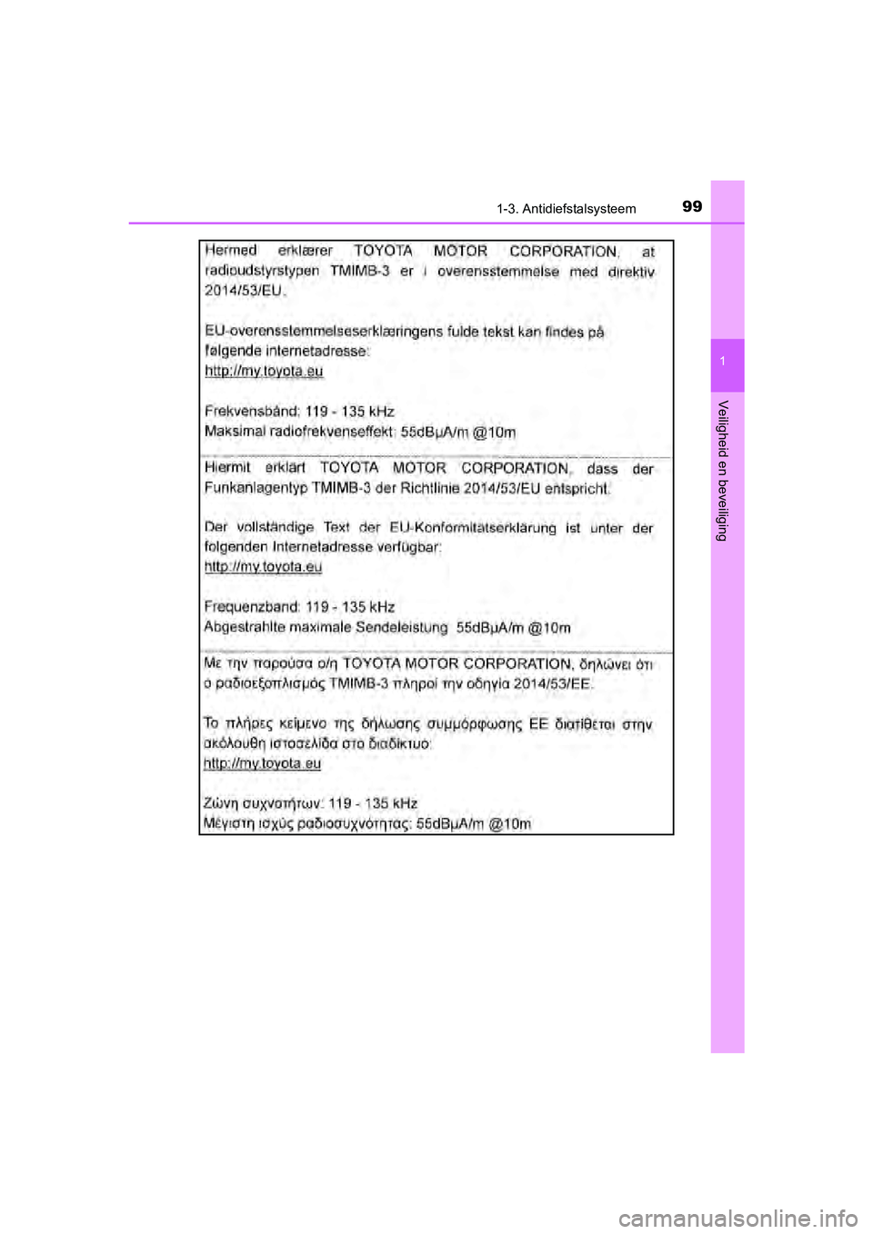 TOYOTA C-HR 2018  Instructieboekje (in Dutch) 991-3. Antidiefstalsysteem
1
Veiligheid en beveiliging
C-HR_OM_Europe_OM10571E
C-HR_OM_Europe_OM10571E.book  Page 99  Monday, March 19, 2018   4:17 PM 