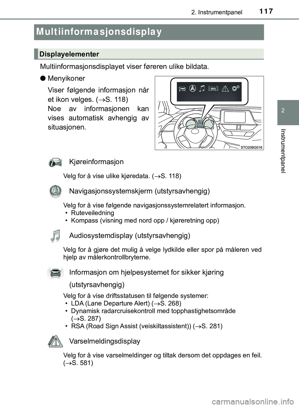 TOYOTA C-HR 2018 Instruksjoner for bruk (in Norwegian) 117
2
2. Instrumentpanel
Instrumentpanel
C-HR_HV_OM_Europe_OM10576NO
Multiinformasjonsdisplay
Multiinformasjonsdisplayet viser føreren ulike bildata.
l Menyikoner
Viser følgende informasjon når
et TOYOTA C-HR 2018 Instruksjoner for bruk (in Norwegian) 117
2
2. Instrumentpanel
Instrumentpanel
C-HR_HV_OM_Europe_OM10576NO
Multiinformasjonsdisplay
Multiinformasjonsdisplayet viser føreren ulike bildata.
l Menyikoner
Viser følgende informasjon når
et