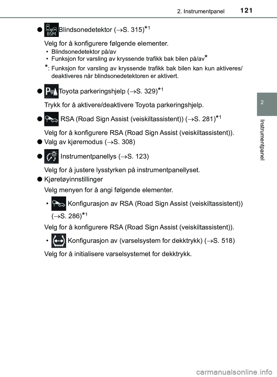 TOYOTA C-HR 2018 Instruksjoner for bruk (in Norwegian) 1212. Instrumentpanel
2
Instrumentpanel
C-HR_HV_OM_Europe_OM10576NO
lBlindsonedetektor ( S. 315)*1
Velg for å konfigurere følgende elementer.
• Blindsonedetektor på/av
• Funksjon for varslin TOYOTA C-HR 2018 Instruksjoner for bruk (in Norwegian) 1212. Instrumentpanel
2
Instrumentpanel
C-HR_HV_OM_Europe_OM10576NO
lBlindsonedetektor ( S. 315)*1
Velg for å konfigurere følgende elementer.
• Blindsonedetektor på/av
• Funksjon for varslin