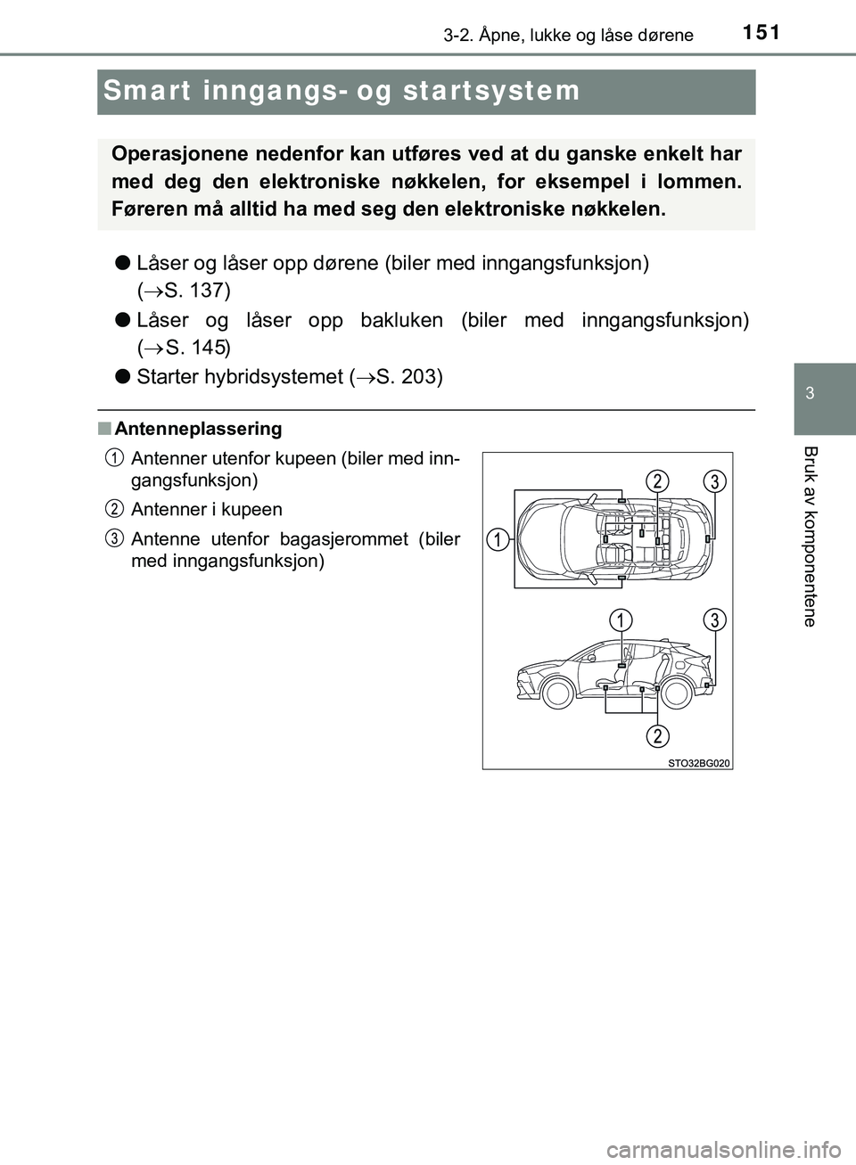 TOYOTA C-HR 2018 Instruksjoner for bruk (in Norwegian) 151
3
3-2. Åpne, lukke og låse dørene
Bruk av komponentene
C-HR_HV_OM_Europe_OM10576NO
Smart inngangs- og startsystem
lLåser og låser opp dørene (biler med inngangsfunksjon)
( S. 137)
l Lås TOYOTA C-HR 2018 Instruksjoner for bruk (in Norwegian) 151
3
3-2. Åpne, lukke og låse dørene
Bruk av komponentene
C-HR_HV_OM_Europe_OM10576NO
Smart inngangs- og startsystem
lLåser og låser opp dørene (biler med inngangsfunksjon)
( S. 137)
l Lås