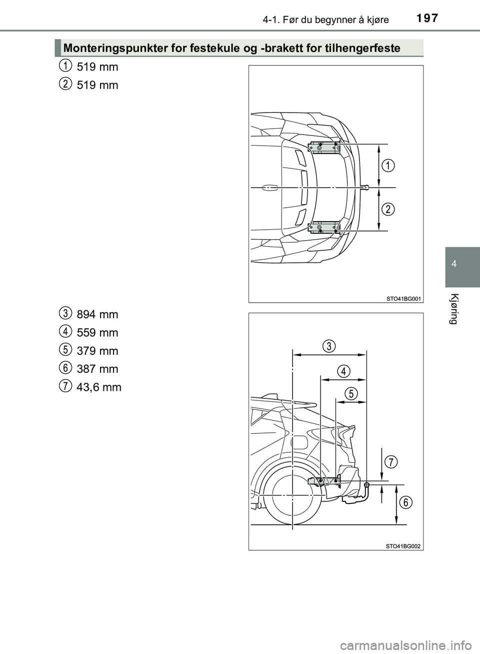 TOYOTA C-HR 2018 Instruksjoner for bruk (in Norwegian) 1974-1. Før du begynner å kjøre
4
Kjøring
C-HR_HV_OM_Europe_OM10576NO
519 mm
519 mm
894 mm
559 mm
379 mm
387 mm
43,6 mm
Monteringspunkter for festekule og -brakett for tilhengerfeste
C-HR_HV_OM_Eu TOYOTA C-HR 2018 Instruksjoner for bruk (in Norwegian) 1974-1. Før du begynner å kjøre
4
Kjøring
C-HR_HV_OM_Europe_OM10576NO
519 mm
519 mm
894 mm
559 mm
379 mm
387 mm
43,6 mm
Monteringspunkter for festekule og -brakett for tilhengerfeste
C-HR_HV_OM_Eu