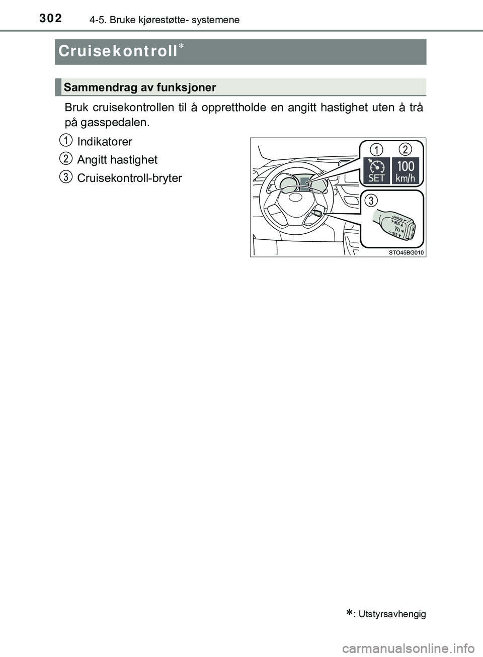 TOYOTA C-HR 2018 Instruksjoner for bruk (in Norwegian) 3024-5. Bruke kjørestøtte- systemene
C-HR_HV_OM_Europe_OM10576NO
Cruisekontroll
Bruk cruisekontrollen til å opprettholde en angitt hastighet uten å trå
på gasspedalen.Indikatorer
Angitt hasti TOYOTA C-HR 2018 Instruksjoner for bruk (in Norwegian) 3024-5. Bruke kjørestøtte- systemene
C-HR_HV_OM_Europe_OM10576NO
Cruisekontroll
Bruk cruisekontrollen til å opprettholde en angitt hastighet uten å trå
på gasspedalen.Indikatorer
Angitt hasti