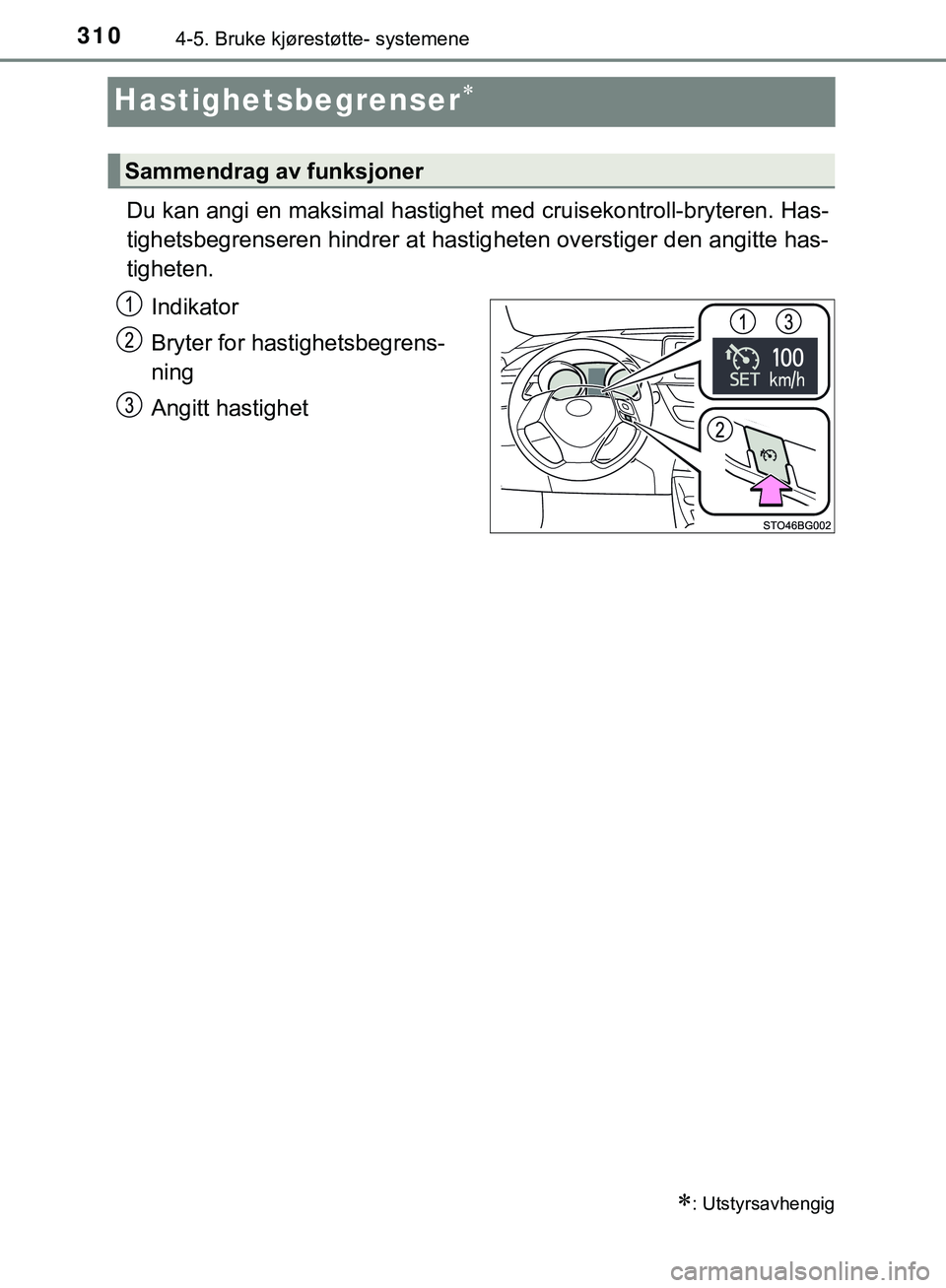 TOYOTA C-HR 2018 Instruksjoner for bruk (in Norwegian) 3104-5. Bruke kjørestøtte- systemene
C-HR_HV_OM_Europe_OM10576NO
Hastighetsbegrenser
Du kan angi en maksimal hastighet med cruisekontroll-bryteren. Has-
tighetsbegrenseren hindrer at hastig heten TOYOTA C-HR 2018 Instruksjoner for bruk (in Norwegian) 3104-5. Bruke kjørestøtte- systemene
C-HR_HV_OM_Europe_OM10576NO
Hastighetsbegrenser
Du kan angi en maksimal hastighet med cruisekontroll-bryteren. Has-
tighetsbegrenseren hindrer at hastig heten