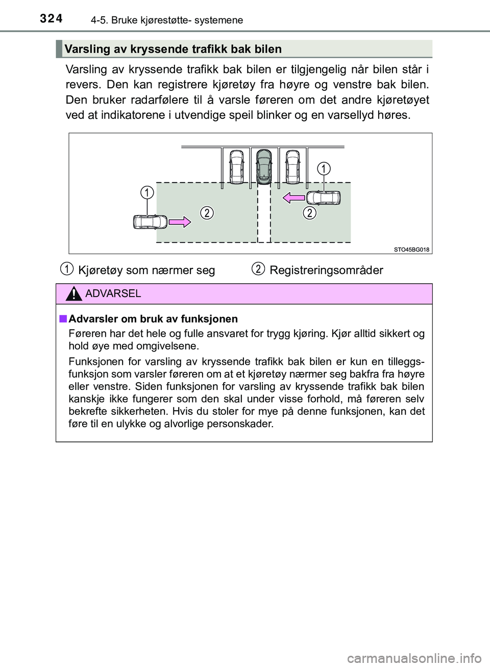 TOYOTA C-HR 2018 Instruksjoner for bruk (in Norwegian) 3244-5. Bruke kjørestøtte- systemene
C-HR_HV_OM_Europe_OM10576NO
Varsling av kryssende trafikk bak bilen er tilgjengelig når bilen står i
revers. Den kan registrere kjøretøy fra høyre og venstr TOYOTA C-HR 2018 Instruksjoner for bruk (in Norwegian) 3244-5. Bruke kjørestøtte- systemene
C-HR_HV_OM_Europe_OM10576NO
Varsling av kryssende trafikk bak bilen er tilgjengelig når bilen står i
revers. Den kan registrere kjøretøy fra høyre og venstr