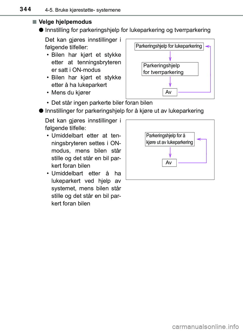 TOYOTA C-HR 2018 Instruksjoner for bruk (in Norwegian) 3444-5. Bruke kjørestøtte- systemene
C-HR_HV_OM_Europe_OM10576NOn
Velge hjelpemodus
l
Innstilling for parkerings hjelp for lukeparkering og tverrparkering
Det kan gjøres innstillinger i
følgende TOYOTA C-HR 2018 Instruksjoner for bruk (in Norwegian) 3444-5. Bruke kjørestøtte- systemene
C-HR_HV_OM_Europe_OM10576NOn
Velge hjelpemodus
l
Innstilling for parkerings hjelp for lukeparkering og tverrparkering
Det kan gjøres innstillinger i
følgende