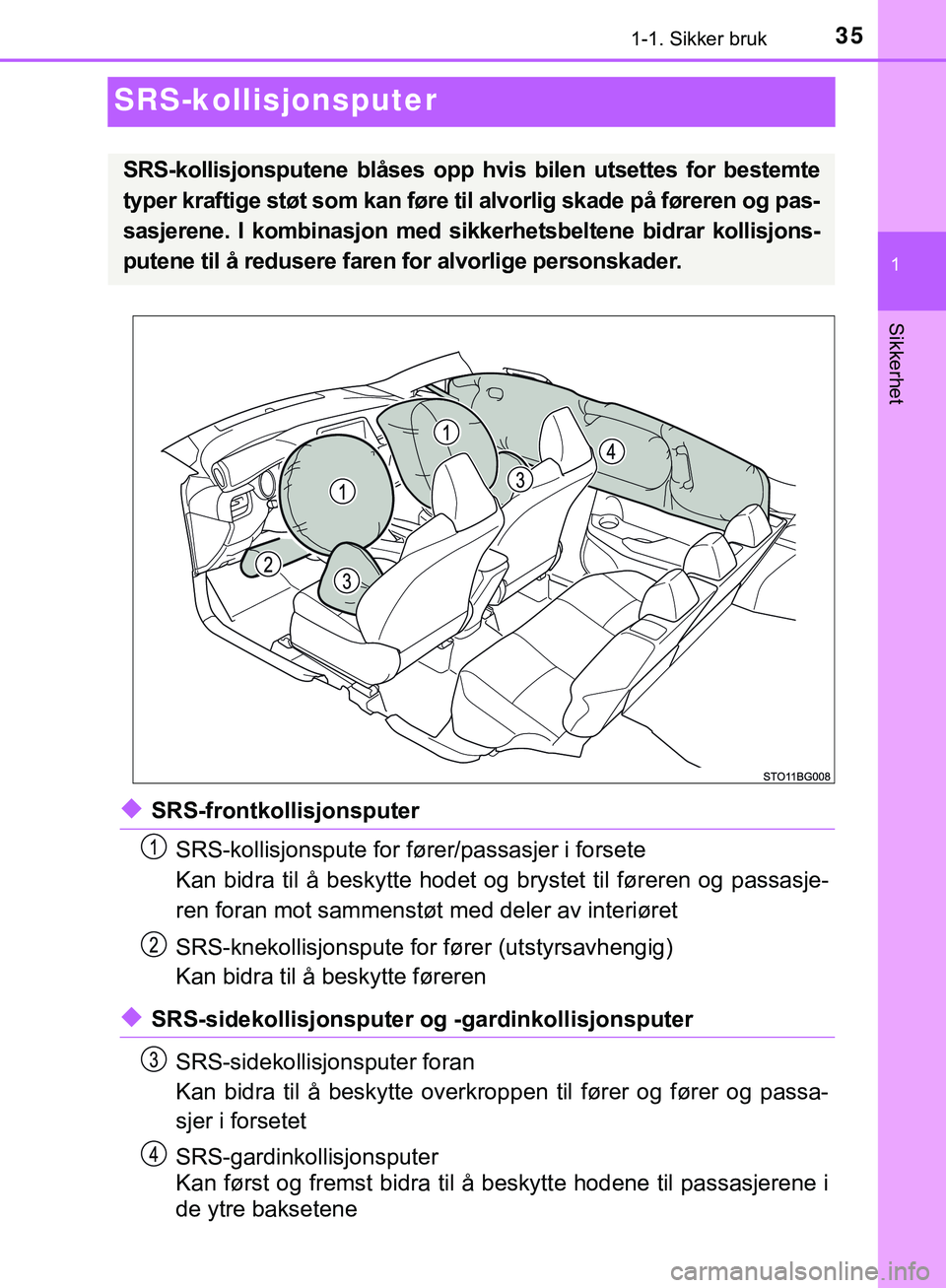 TOYOTA C-HR 2018 Instruksjoner for bruk (in Norwegian) 351-1. Sikker bruk
1
Sikkerhet
C-HR_HV_OM_Europe_OM10576NO
SRS-kollisjonsputer
uSRS-frontkollisjonsputerSRS-kollisjonspute for fører/passasjer i forsete
Kan bidra til å beskytte hodet og brystet til TOYOTA C-HR 2018 Instruksjoner for bruk (in Norwegian) 351-1. Sikker bruk
1
Sikkerhet
C-HR_HV_OM_Europe_OM10576NO
SRS-kollisjonsputer
uSRS-frontkollisjonsputerSRS-kollisjonspute for fører/passasjer i forsete
Kan bidra til å beskytte hodet og brystet til