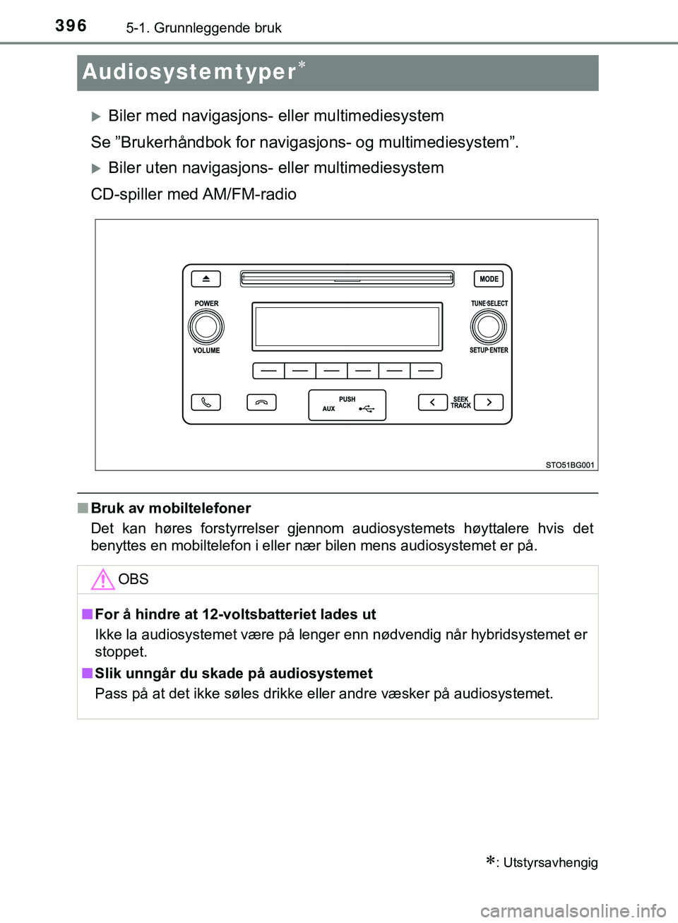 TOYOTA C-HR 2018 Instruksjoner for bruk (in Norwegian) 3965-1. Grunnleggende bruk
C-HR_HV_OM_Europe_OM10576NO
Audiosystemtyper
Biler med navigasjons- eller multimediesystem
Se ”Brukerhåndbok for navigasjons- og multimediesystem”.
Biler uten TOYOTA C-HR 2018 Instruksjoner for bruk (in Norwegian) 3965-1. Grunnleggende bruk
C-HR_HV_OM_Europe_OM10576NO
Audiosystemtyper
Biler med navigasjons- eller multimediesystem
Se ”Brukerhåndbok for navigasjons- og multimediesystem”.
Biler uten