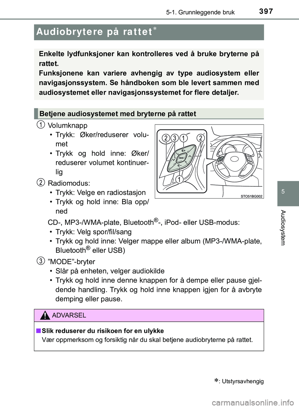 TOYOTA C-HR 2018 Instruksjoner for bruk (in Norwegian) 397
5
5-1. Grunnleggende bruk
Audiosystem
C-HR_HV_OM_Europe_OM10576NO
Audiobrytere på rattet
Volumknapp• Trykk: Øker/reduserer volu- met
• Trykk og hold inne: Øker/ reduserer volumet k TOYOTA C-HR 2018 Instruksjoner for bruk (in Norwegian) 397
5
5-1. Grunnleggende bruk
Audiosystem
C-HR_HV_OM_Europe_OM10576NO
Audiobrytere på rattet
Volumknapp• Trykk: Øker/reduserer volu- met
• Trykk og hold inne: Øker/ reduserer volumet k