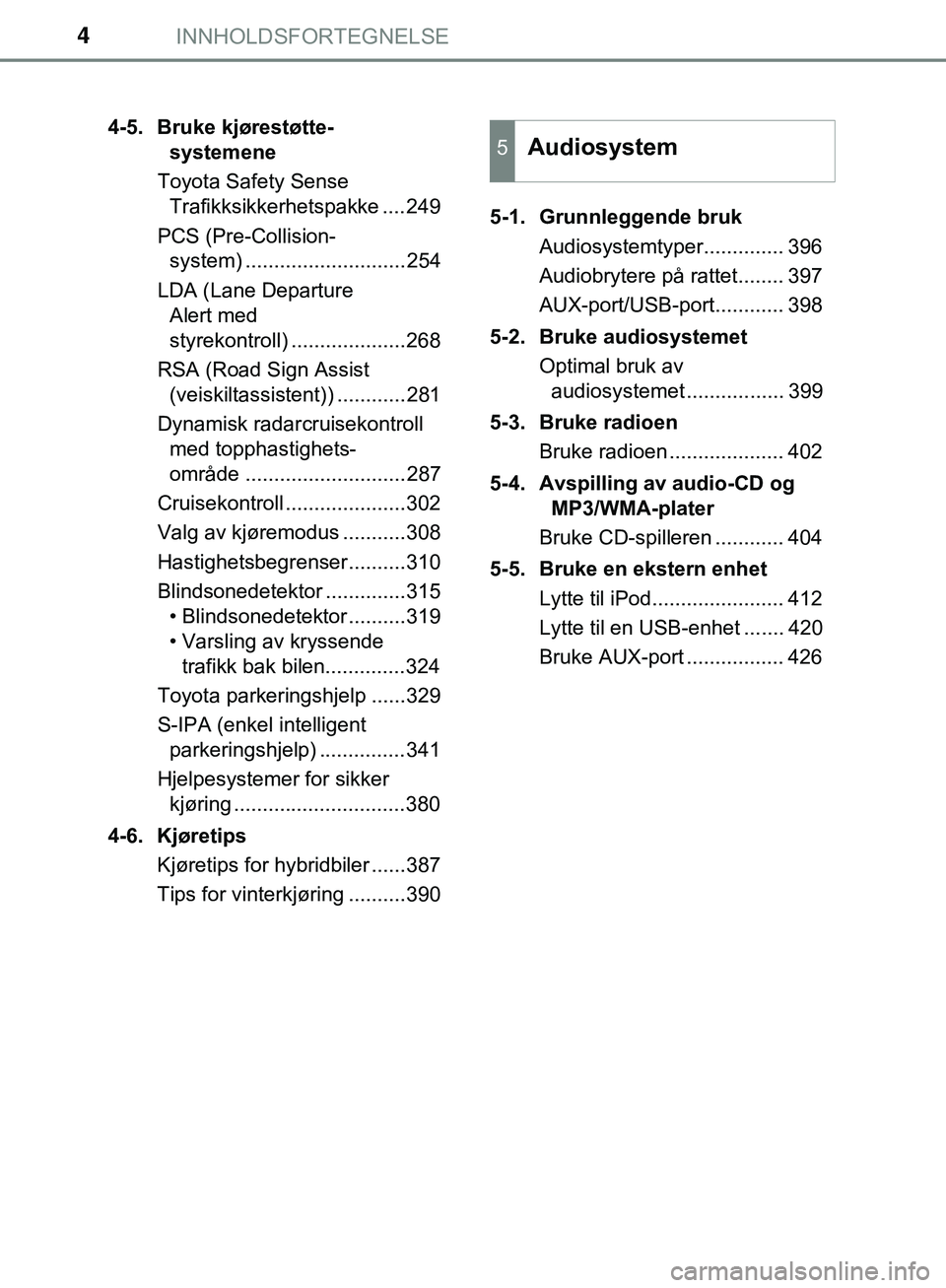 TOYOTA C-HR 2018 Instruksjoner for bruk (in Norwegian) INNHOLDSFORTEGNELSE4
C-HR_HV_OM_Europe_OM10576NO4-5. Bruke kjørestøtte-
systemene
Toyota Safety Sense Trafikksikkerhetspakke ....249
PCS (Pre-Collision- system) ............................254
LDA TOYOTA C-HR 2018 Instruksjoner for bruk (in Norwegian) INNHOLDSFORTEGNELSE4
C-HR_HV_OM_Europe_OM10576NO4-5. Bruke kjørestøtte-
systemene
Toyota Safety Sense Trafikksikkerhetspakke ....249
PCS (Pre-Collision- system) ............................254
LDA