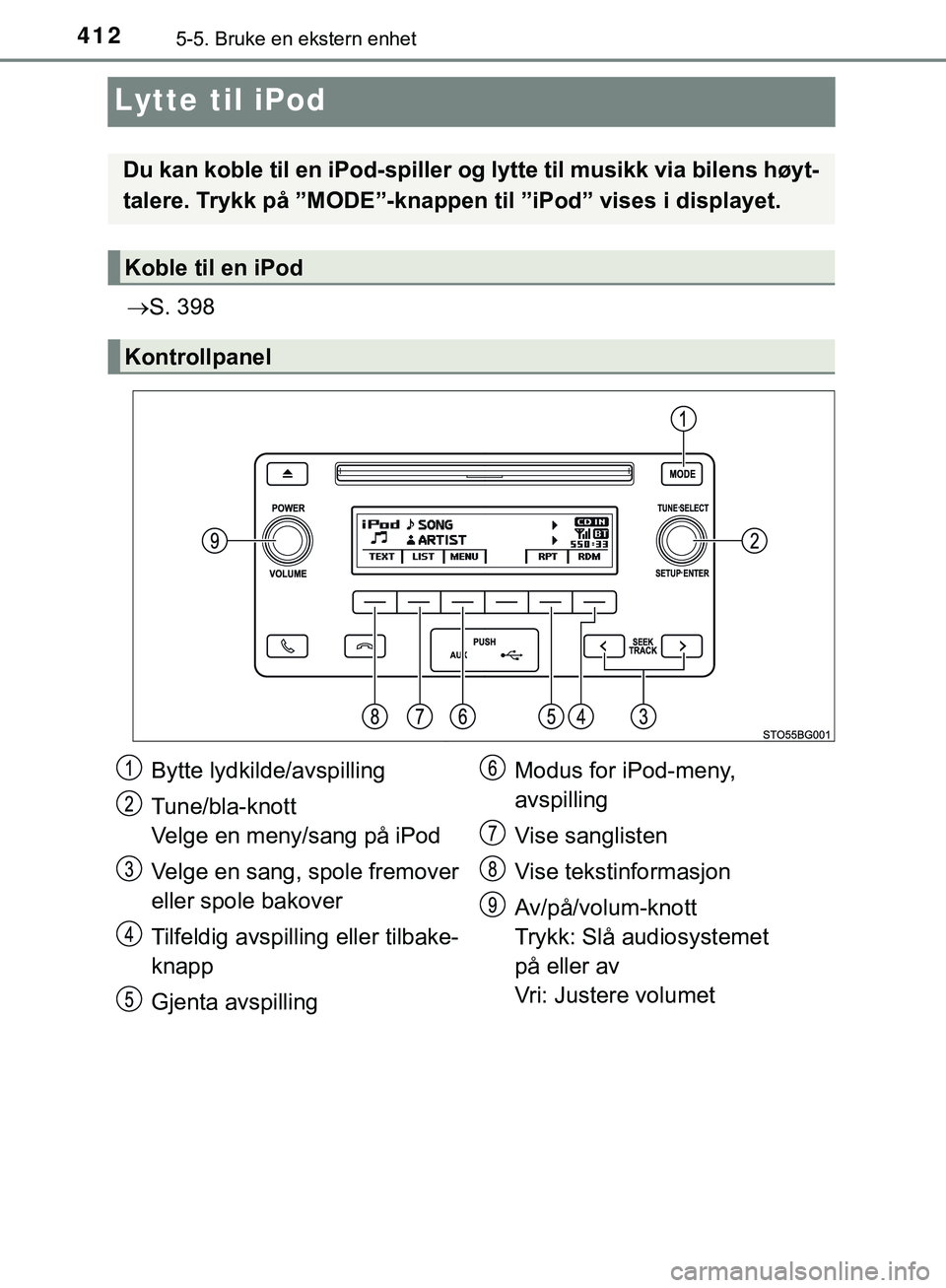 TOYOTA C-HR 2018 Instruksjoner for bruk (in Norwegian) 4125-5. Bruke en ekstern enhet
C-HR_HV_OM_Europe_OM10576NO
Lytte til iPod
S. 398
Du kan koble til en iPod-spiller og lytte til musikk via bilens høyt-
talere. Trykk på ”MODE”-knappen til ”i TOYOTA C-HR 2018 Instruksjoner for bruk (in Norwegian) 4125-5. Bruke en ekstern enhet
C-HR_HV_OM_Europe_OM10576NO
Lytte til iPod
S. 398
Du kan koble til en iPod-spiller og lytte til musikk via bilens høyt-
talere. Trykk på ”MODE”-knappen til ”i