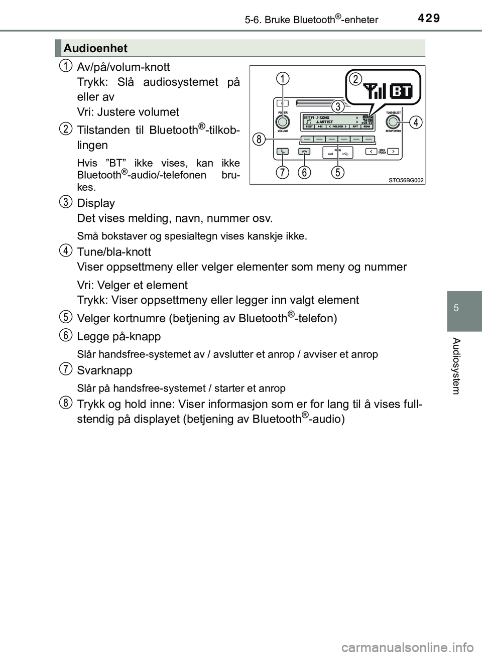 TOYOTA C-HR 2018 Instruksjoner for bruk (in Norwegian) 4295-6. Bruke Bluetooth®-enheter
5
Audiosystem
C-HR_HV_OM_Europe_OM10576NO
Av/på/volum-knott
Trykk: Slå audiosystemet på
eller av
Vri: Justere volumet
Tilstanden til Bluetooth
®-tilkob-
lingen
Hv TOYOTA C-HR 2018 Instruksjoner for bruk (in Norwegian) 4295-6. Bruke Bluetooth®-enheter
5
Audiosystem
C-HR_HV_OM_Europe_OM10576NO
Av/på/volum-knott
Trykk: Slå audiosystemet på
eller av
Vri: Justere volumet
Tilstanden til Bluetooth
®-tilkob-
lingen
Hv