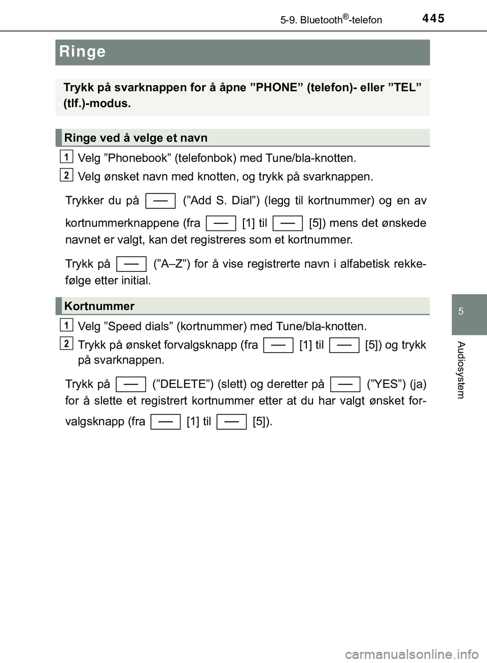 TOYOTA C-HR 2018 Instruksjoner for bruk (in Norwegian) 445
5
5-9. Bluetooth®-telefon
Audiosystem
C-HR_HV_OM_Europe_OM10576NO
Ringe
Velg ”Phonebook” (telefonbok) med Tune/bla-knotten.
Velg ønsket navn med knotten, og trykk på svarknappen.
Trykker du TOYOTA C-HR 2018 Instruksjoner for bruk (in Norwegian) 445
5
5-9. Bluetooth®-telefon
Audiosystem
C-HR_HV_OM_Europe_OM10576NO
Ringe
Velg ”Phonebook” (telefonbok) med Tune/bla-knotten.
Velg ønsket navn med knotten, og trykk på svarknappen.
Trykker du
