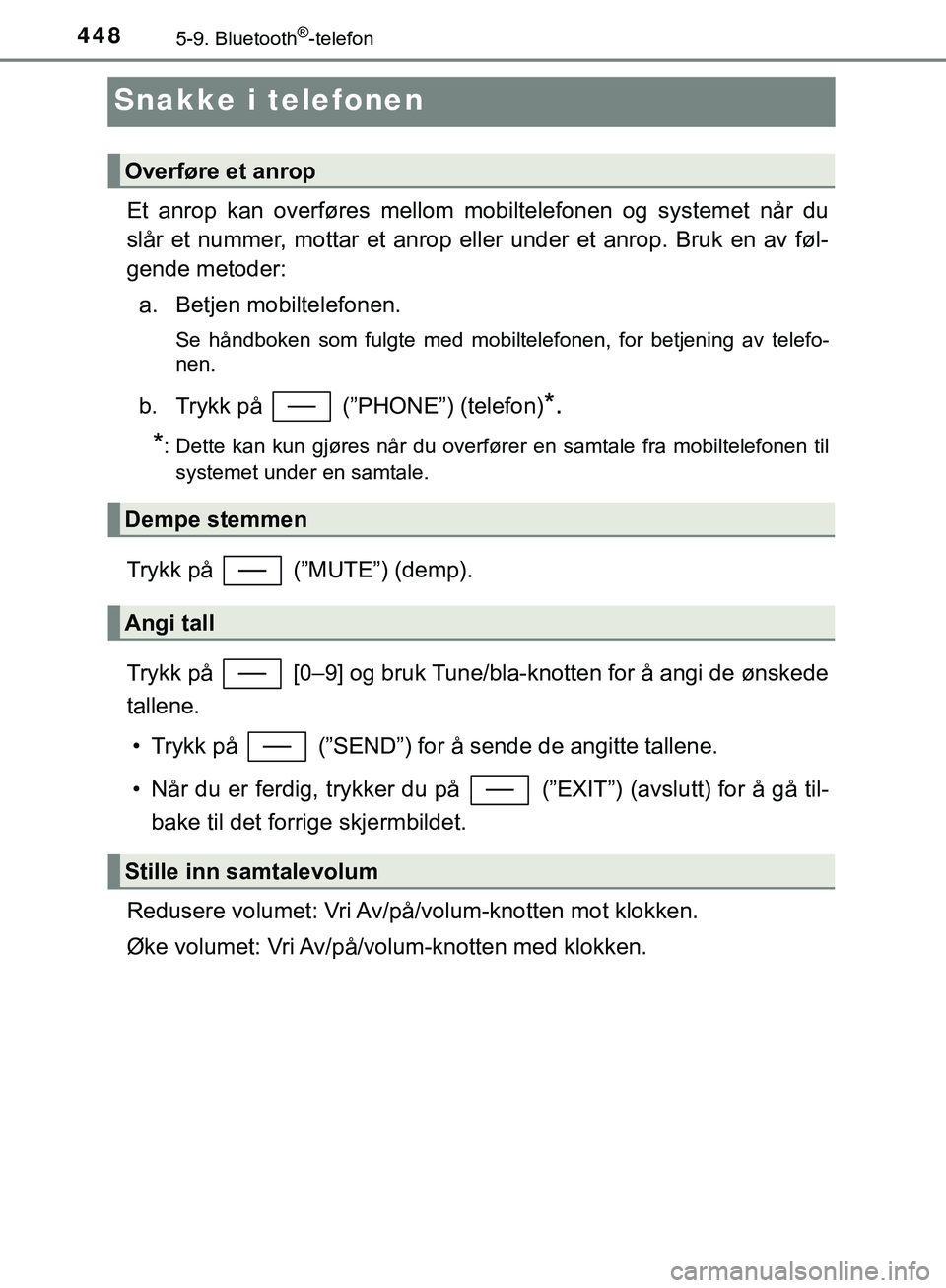 TOYOTA C-HR 2018 Instruksjoner for bruk (in Norwegian) 4485-9. Bluetooth®-telefon
C-HR_HV_OM_Europe_OM10576NO
Snakke i telefonen
Et anrop kan overføres mellom mobiltelefonen og systemet når du
slår et nummer, mottar et anrop eller under et anrop. Bruk TOYOTA C-HR 2018 Instruksjoner for bruk (in Norwegian) 4485-9. Bluetooth®-telefon
C-HR_HV_OM_Europe_OM10576NO
Snakke i telefonen
Et anrop kan overføres mellom mobiltelefonen og systemet når du
slår et nummer, mottar et anrop eller under et anrop. Bruk