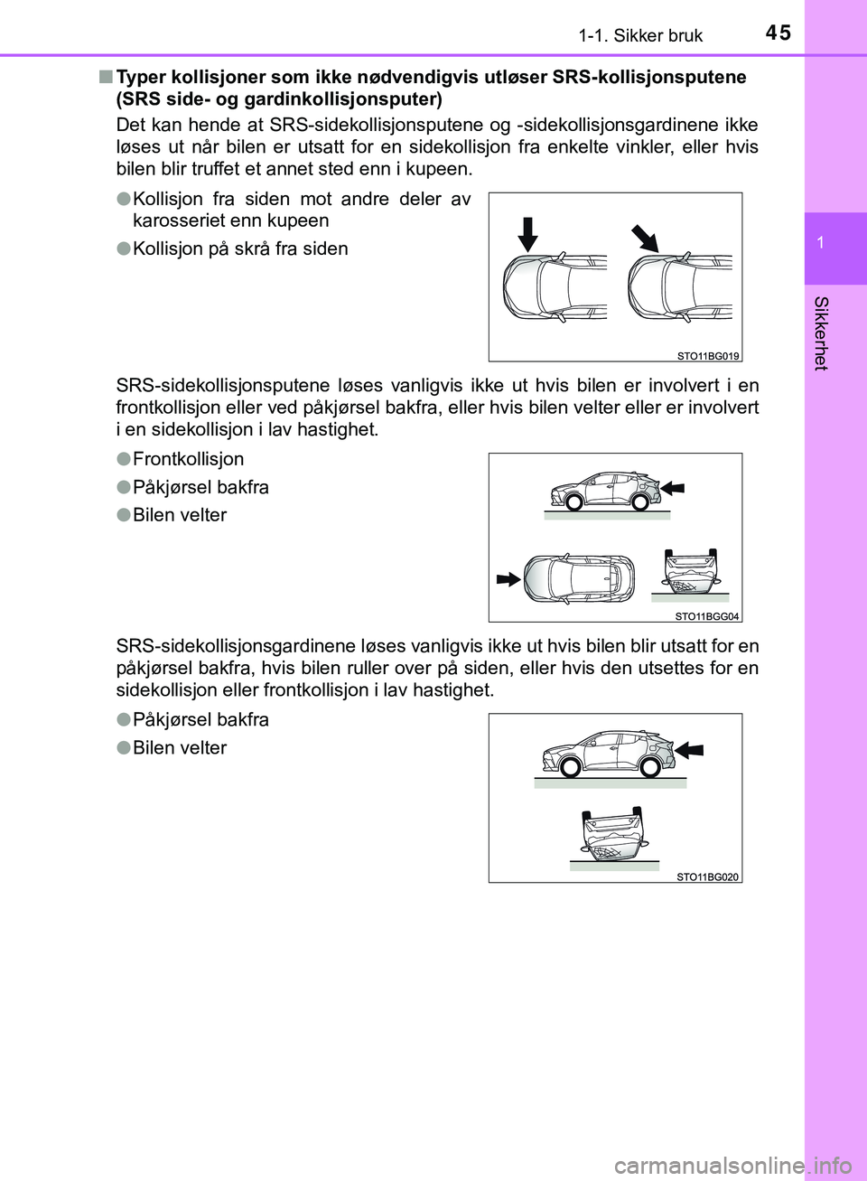 TOYOTA C-HR 2018 Instruksjoner for bruk (in Norwegian) 451-1. Sikker bruk
1
Sikkerhet
C-HR_HV_OM_Europe_OM10576NOn
Typer kollisjoner som ikke nødvendigvis utløser SRS-kollisjonsputene
(SRS side- og gardinkollisjonsputer)
Det kan hende at SRS-sidekollis TOYOTA C-HR 2018 Instruksjoner for bruk (in Norwegian) 451-1. Sikker bruk
1
Sikkerhet
C-HR_HV_OM_Europe_OM10576NOn
Typer kollisjoner som ikke nødvendigvis utløser SRS-kollisjonsputene
(SRS side- og gardinkollisjonsputer)
Det kan hende at SRS-sidekollis
