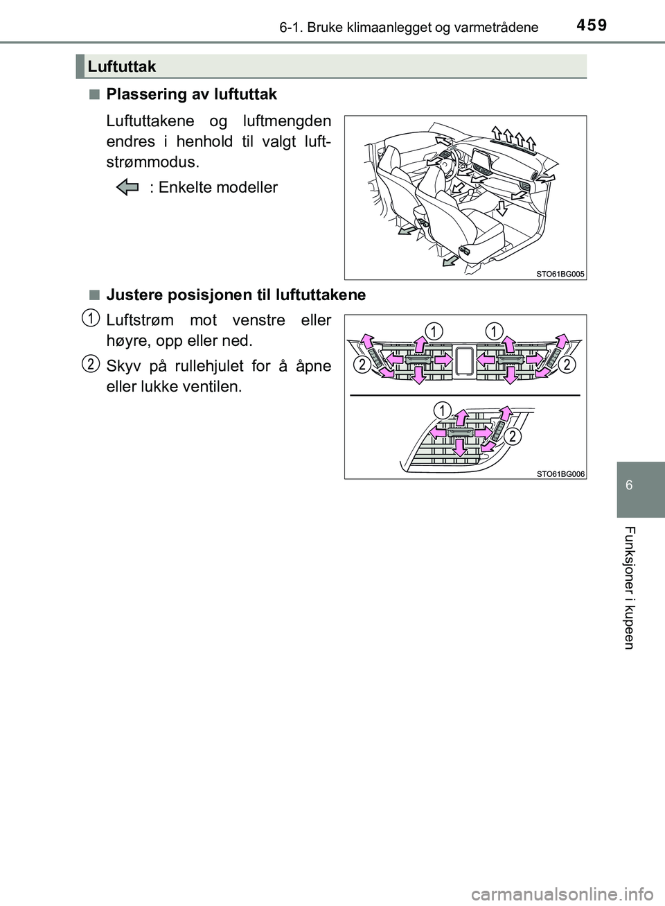 TOYOTA C-HR 2018 Instruksjoner for bruk (in Norwegian) 4596-1. Bruke klimaanlegget og varmetrådene
C-HR_HV_OM_Europe_OM10576NO
6
Funksjoner i kupeen
nPlassering av luftuttak
Luftuttakene og luftmengden
endres i henhold til valgt luft-
strømmodus.: Enkel TOYOTA C-HR 2018 Instruksjoner for bruk (in Norwegian) 4596-1. Bruke klimaanlegget og varmetrådene
C-HR_HV_OM_Europe_OM10576NO
6
Funksjoner i kupeen
nPlassering av luftuttak
Luftuttakene og luftmengden
endres i henhold til valgt luft-
strømmodus.: Enkel