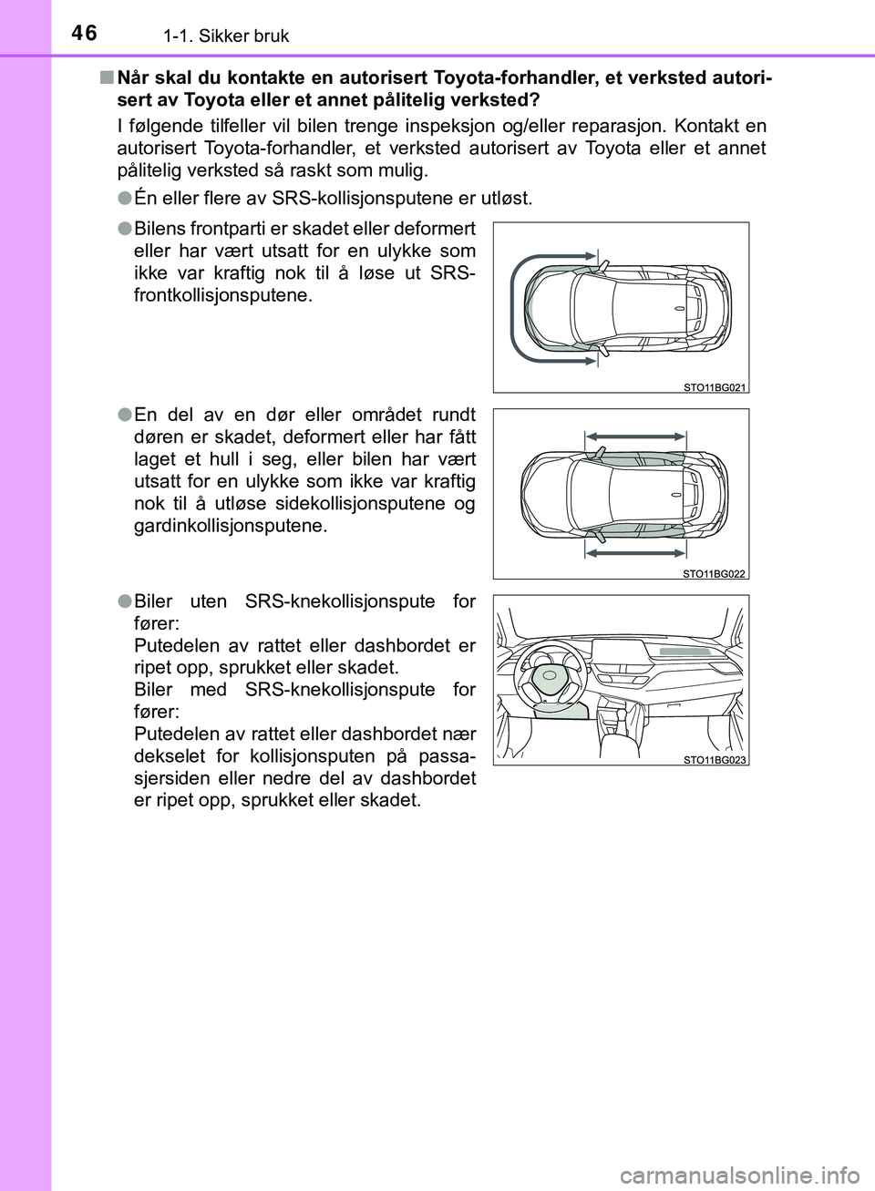TOYOTA C-HR 2018 Instruksjoner for bruk (in Norwegian) 461-1. Sikker bruk
C-HR_HV_OM_Europe_OM10576NOn
Når skal du kontakte en autorisert Toyota-forhandler, et verksted autori-
sert av Toyota eller et annet pålitelig verksted?
I følgende tilfeller vil TOYOTA C-HR 2018 Instruksjoner for bruk (in Norwegian) 461-1. Sikker bruk
C-HR_HV_OM_Europe_OM10576NOn
Når skal du kontakte en autorisert Toyota-forhandler, et verksted autori-
sert av Toyota eller et annet pålitelig verksted?
I følgende tilfeller vil