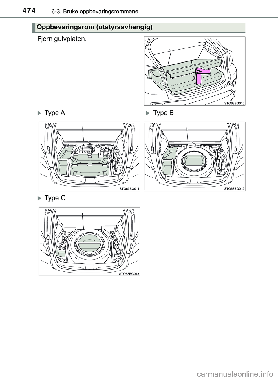 TOYOTA C-HR 2018  Instruksjoner for bruk (in Norwegian) 4746-3. Bruke oppbevaringsrommene
C-HR_HV_OM_Europe_OM10576NO
Fjern gulvplaten.
Oppbevaringsrom (utstyrsavhengig)
Ty p e  AType B
Ty p e  C
C-HR_HV_OM_Europe_OM10576NO.book  Page 474  Thursda