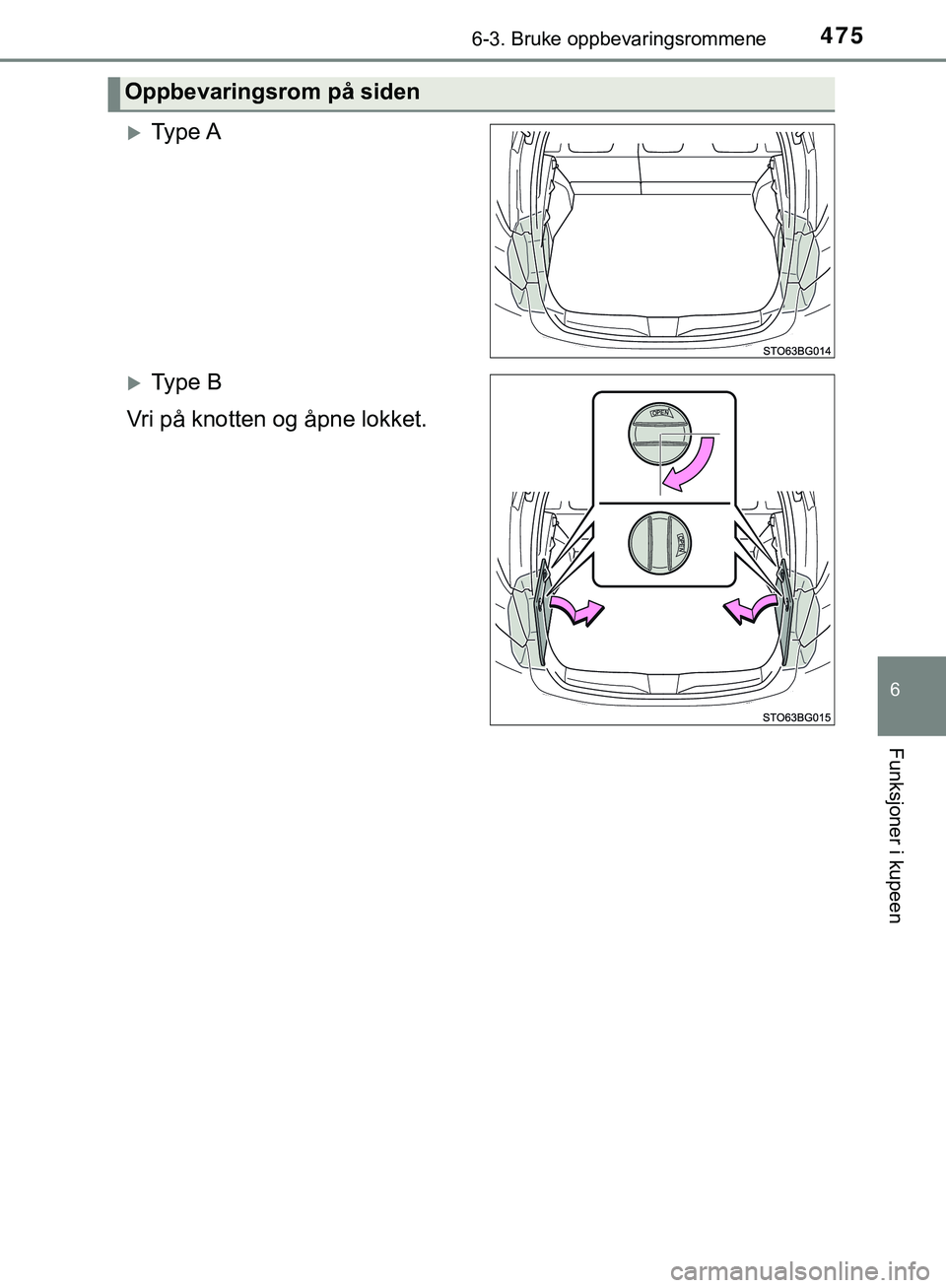 TOYOTA C-HR 2018  Instruksjoner for bruk (in Norwegian) 4756-3. Bruke oppbevaringsrommene
C-HR_HV_OM_Europe_OM10576NO
6
Funksjoner i kupeen
Ty p e  A
Ty p e  B
Vri på knotten og åpne lokket.
Oppbevaringsrom på siden
C-HR_HV_OM_Europe_OM10576NO.boo