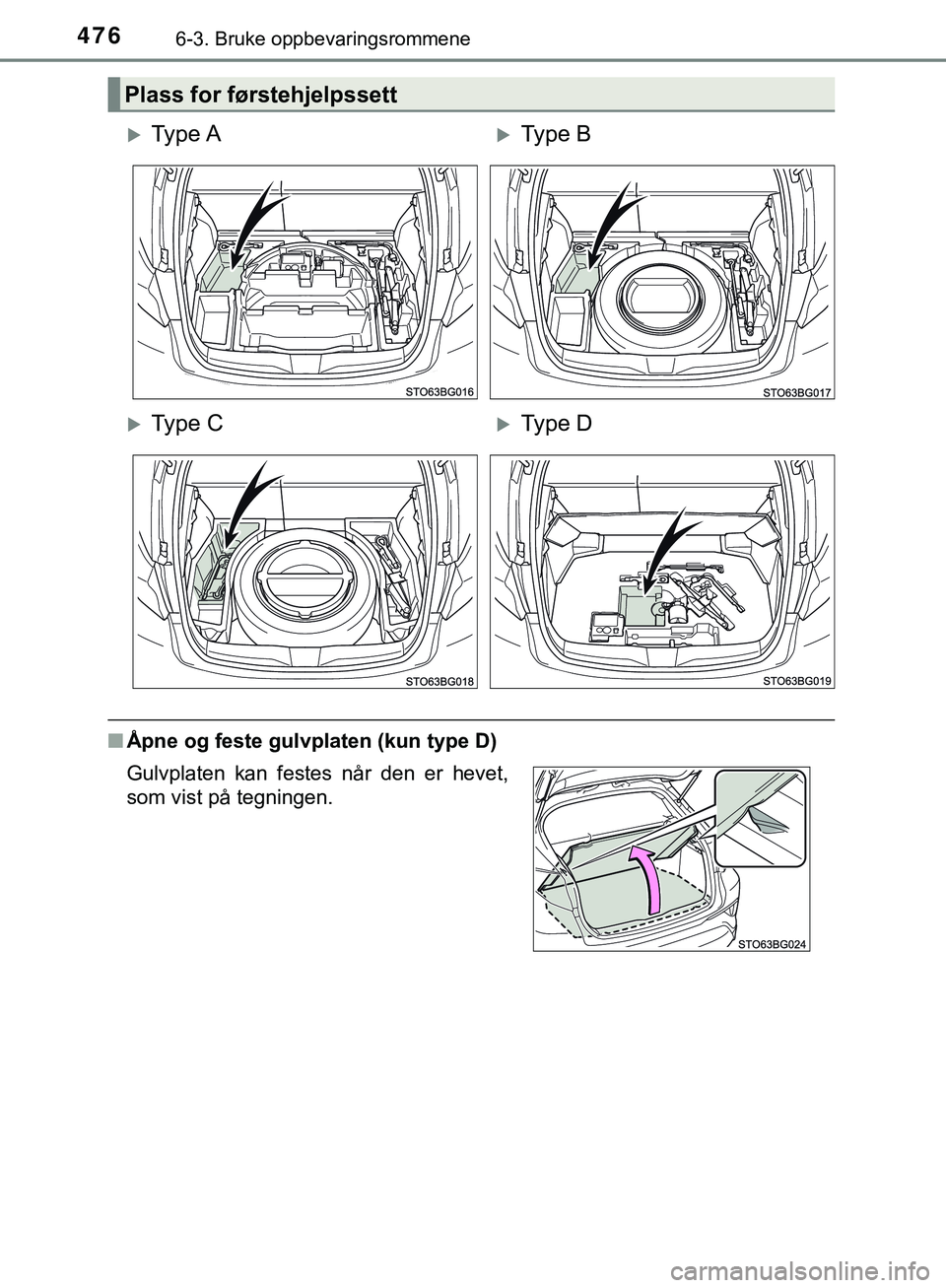 TOYOTA C-HR 2018  Instruksjoner for bruk (in Norwegian) 4766-3. Bruke oppbevaringsrommene
C-HR_HV_OM_Europe_OM10576NO
nÅpne og feste gulvplaten (kun type D)
Plass for førstehjelpssett
Ty p e  AType B
Ty p e  CType D
Gulvplaten kan festes når