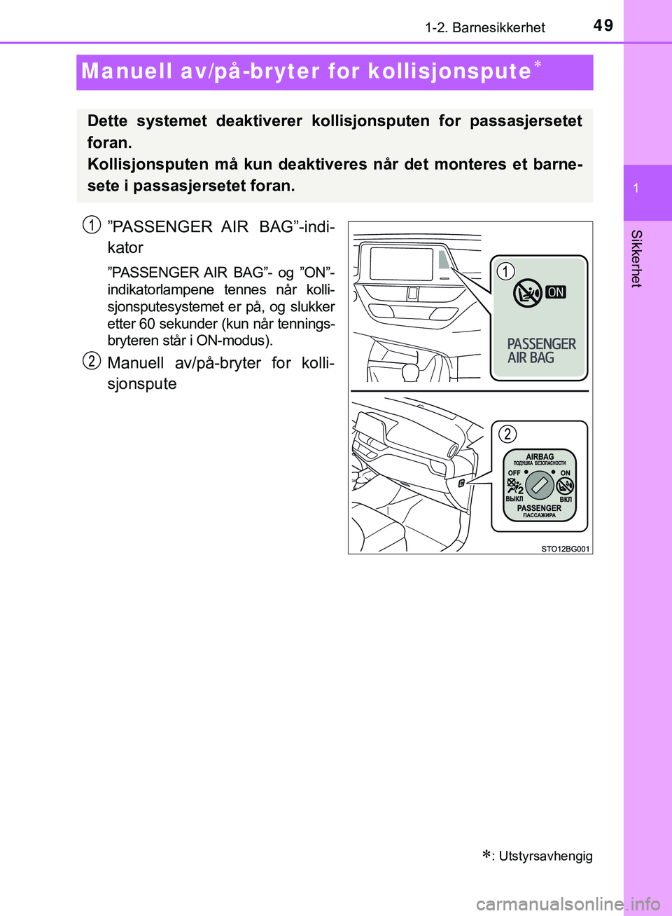TOYOTA C-HR 2018 Instruksjoner for bruk (in Norwegian) 491-2. Barnesikkerhet
1
Sikkerhet
C-HR_HV_OM_Europe_OM10576NO
Manuell av/på-bryter for kollisjonspute
”PASSENGER AIR BAG”-indi-
kator
”PASSENGER AIR BAG”- og ”ON”-
indikatorlampene te TOYOTA C-HR 2018 Instruksjoner for bruk (in Norwegian) 491-2. Barnesikkerhet
1
Sikkerhet
C-HR_HV_OM_Europe_OM10576NO
Manuell av/på-bryter for kollisjonspute
”PASSENGER AIR BAG”-indi-
kator
”PASSENGER AIR BAG”- og ”ON”-
indikatorlampene te
