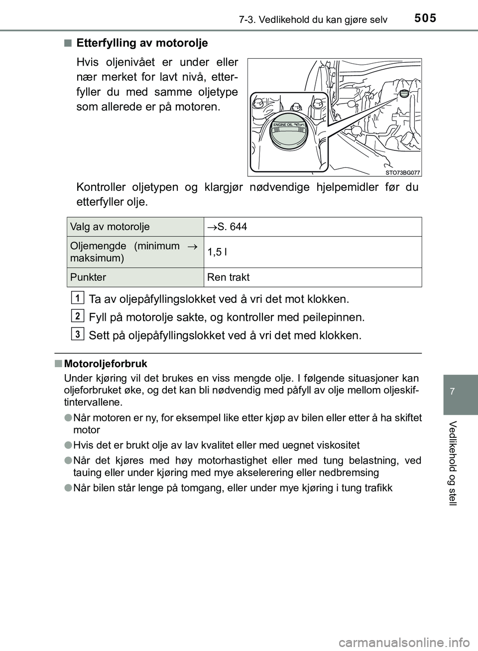 TOYOTA C-HR 2018 Instruksjoner for bruk (in Norwegian) 5057-3. Vedlikehold du kan gjøre selv
C-HR_HV_OM_Europe_OM10576NO
7
Vedlikehold og stell
nEtterfylling av motorolje
Hvis oljenivået er under eller
nær merket for lavt nivå, etter-
fyller du med sa TOYOTA C-HR 2018 Instruksjoner for bruk (in Norwegian) 5057-3. Vedlikehold du kan gjøre selv
C-HR_HV_OM_Europe_OM10576NO
7
Vedlikehold og stell
nEtterfylling av motorolje
Hvis oljenivået er under eller
nær merket for lavt nivå, etter-
fyller du med sa