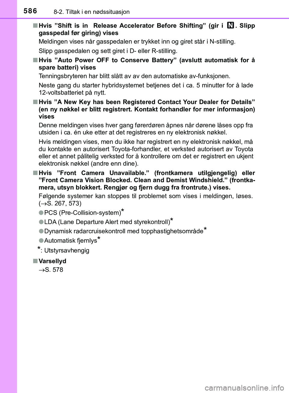 TOYOTA C-HR 2018 Instruksjoner for bruk (in Norwegian) 5868-2. Tiltak i en nødssituasjon
C-HR_HV_OM_Europe_OM10576NOn
Hvis ”Shift is in Release Accelerat or Before Shifting” (gir i . Slipp
gasspedal før giring) vises
Meldingen vises når gasspedal TOYOTA C-HR 2018 Instruksjoner for bruk (in Norwegian) 5868-2. Tiltak i en nødssituasjon
C-HR_HV_OM_Europe_OM10576NOn
Hvis ”Shift is in Release Accelerat or Before Shifting” (gir i . Slipp
gasspedal før giring) vises
Meldingen vises når gasspedal