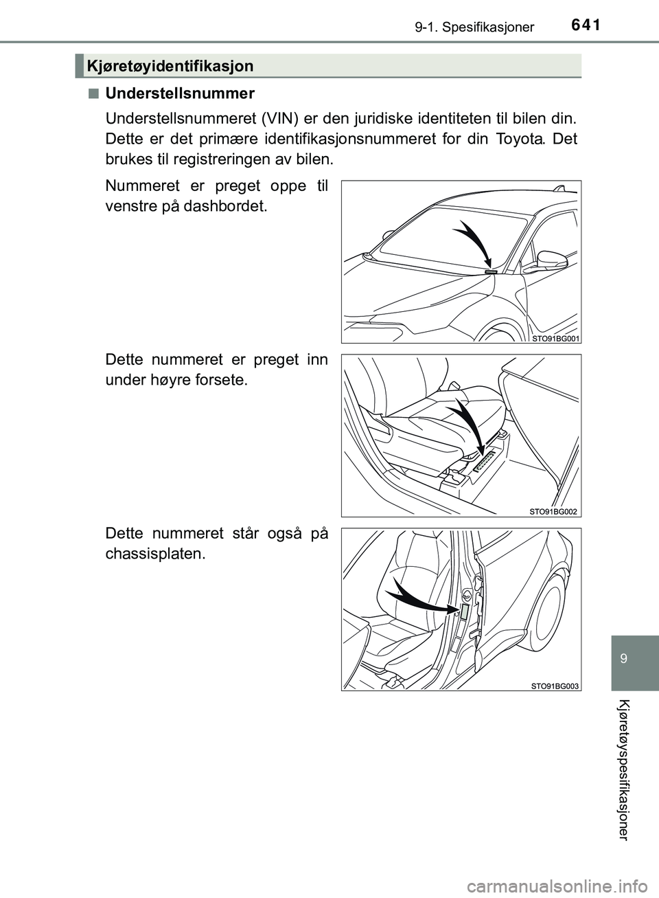 TOYOTA C-HR 2018 Instruksjoner for bruk (in Norwegian) 6419-1. Spesifikasjoner
C-HR_HV_OM_Europe_OM10576NO
9
Kjøretøyspesifikasjoner
nUnderstellsnummer
Understellsnummeret (VIN) er den juridiske identiteten til bilen din.
Dette er det primære identifik TOYOTA C-HR 2018 Instruksjoner for bruk (in Norwegian) 6419-1. Spesifikasjoner
C-HR_HV_OM_Europe_OM10576NO
9
Kjøretøyspesifikasjoner
nUnderstellsnummer
Understellsnummeret (VIN) er den juridiske identiteten til bilen din.
Dette er det primære identifik