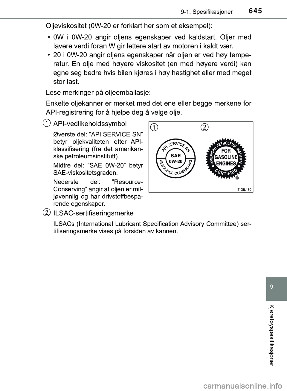 TOYOTA C-HR 2018 Instruksjoner for bruk (in Norwegian) 6459-1. Spesifikasjoner
C-HR_HV_OM_Europe_OM10576NO
9
Kjøretøyspesifikasjoner
Oljeviskositet (0W-20 er forklart her som et eksempel):• 0W i 0W-20 angir oljens egenskaper ved kaldstart. Olj TOYOTA C-HR 2018 Instruksjoner for bruk (in Norwegian) 6459-1. Spesifikasjoner
C-HR_HV_OM_Europe_OM10576NO
9
Kjøretøyspesifikasjoner
Oljeviskositet (0W-20 er forklart her som et eksempel):• 0W i 0W-20 angir oljens egenskaper ved kaldstart. Olj