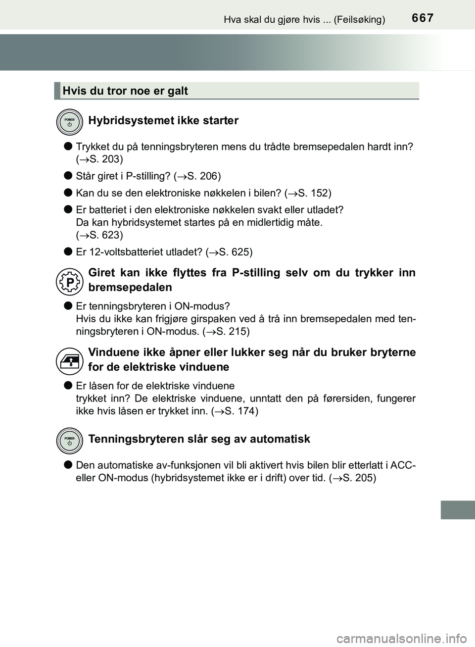 TOYOTA C-HR 2018 Instruksjoner for bruk (in Norwegian) 667Hva skal du gjøre hvis ... (Feilsøking)
C-HR_HV_OM_Europe_OM10576NO
lTrykket du på tenningsbryteren mens du trådte bremsepedalen hardt inn?
(S. 203)
lStår giret i P-stilling? ( S. 206)
TOYOTA C-HR 2018 Instruksjoner for bruk (in Norwegian) 667Hva skal du gjøre hvis ... (Feilsøking)
C-HR_HV_OM_Europe_OM10576NO
lTrykket du på tenningsbryteren mens du trådte bremsepedalen hardt inn?
(S. 203)
lStår giret i P-stilling? ( S. 206)