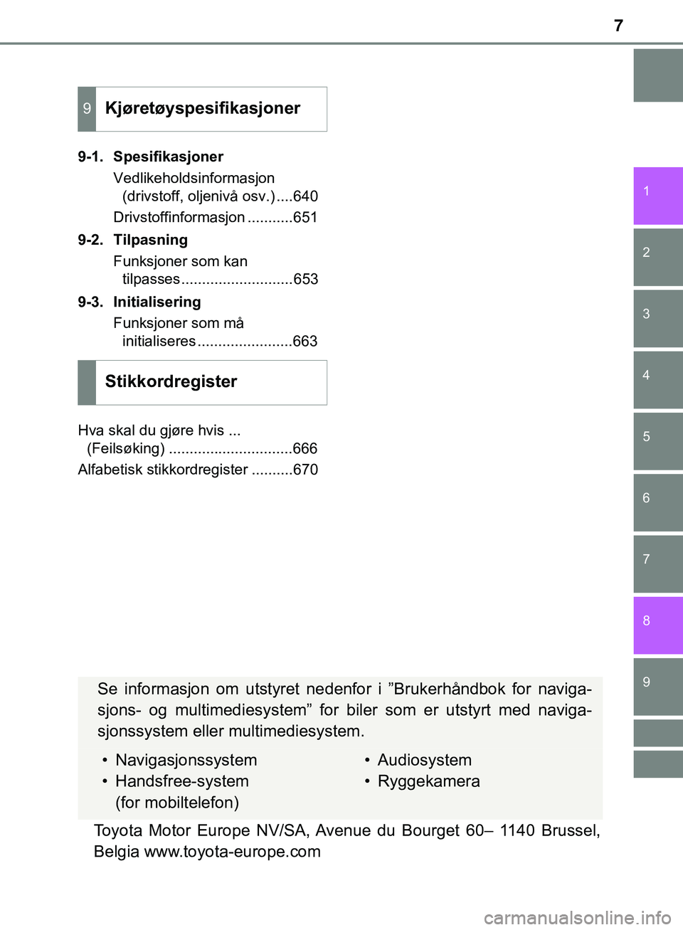TOYOTA C-HR 2018  Instruksjoner for bruk (in Norwegian) 7
1
6 5
4
3
2
C-HR_HV_OM_Europe_OM10576NO
9
8
7
9-1. SpesifikasjonerVedlikeholdsinformasjon(drivstoff, oljenivå osv.) ....640
Drivstoffinformasjon ...........651
9-2. Tilpasning Funksjoner som kan ti