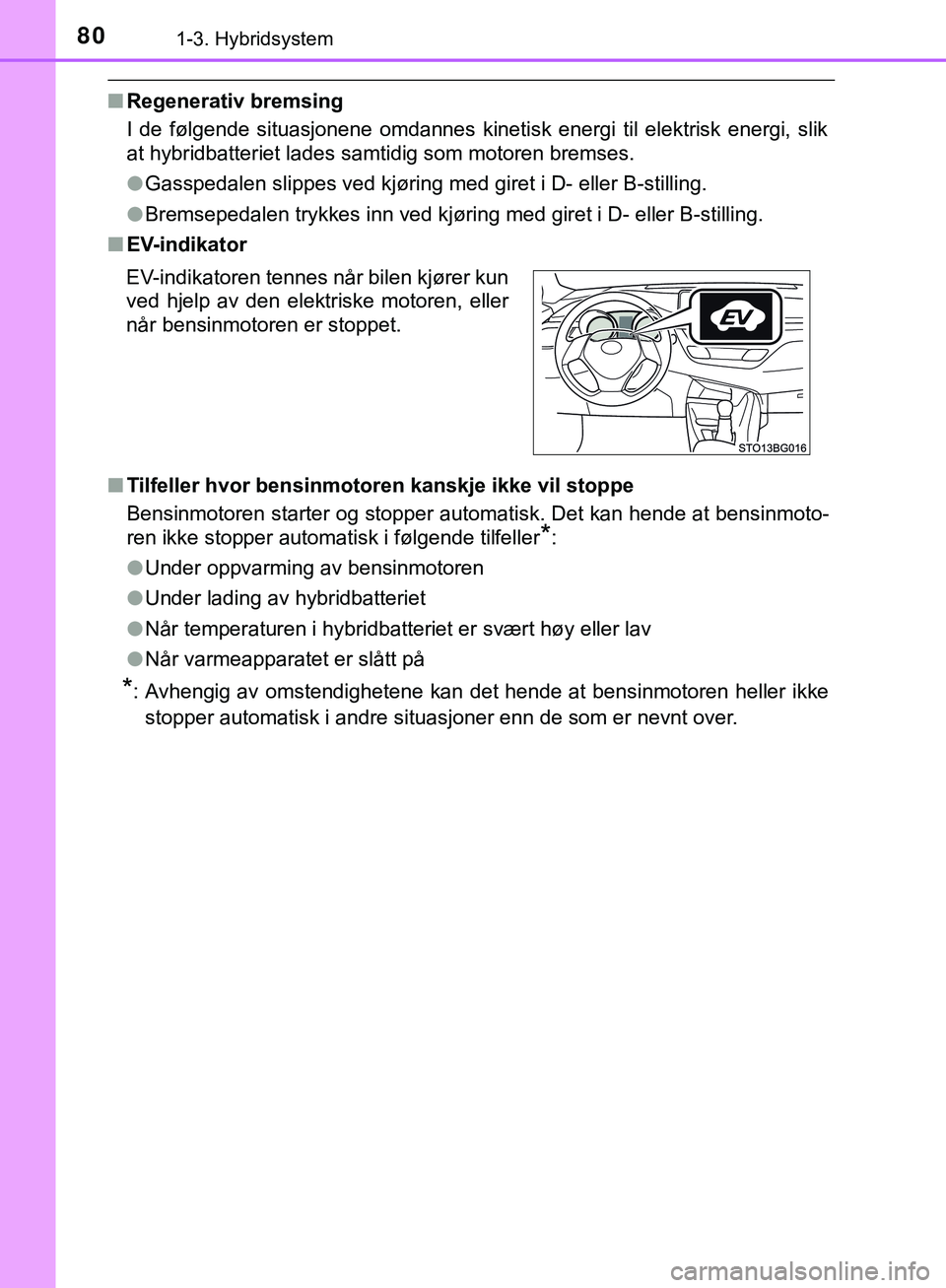 TOYOTA C-HR 2018 Instruksjoner for bruk (in Norwegian) 801-3. Hybridsystem
C-HR_HV_OM_Europe_OM10576NO
nRegenerativ bremsing
I de følgende situasjonene omdannes kinetisk energi til elektrisk energi, slik
at hybridbatteriet lades samtidig som motoren brem TOYOTA C-HR 2018 Instruksjoner for bruk (in Norwegian) 801-3. Hybridsystem
C-HR_HV_OM_Europe_OM10576NO
nRegenerativ bremsing
I de følgende situasjonene omdannes kinetisk energi til elektrisk energi, slik
at hybridbatteriet lades samtidig som motoren brem