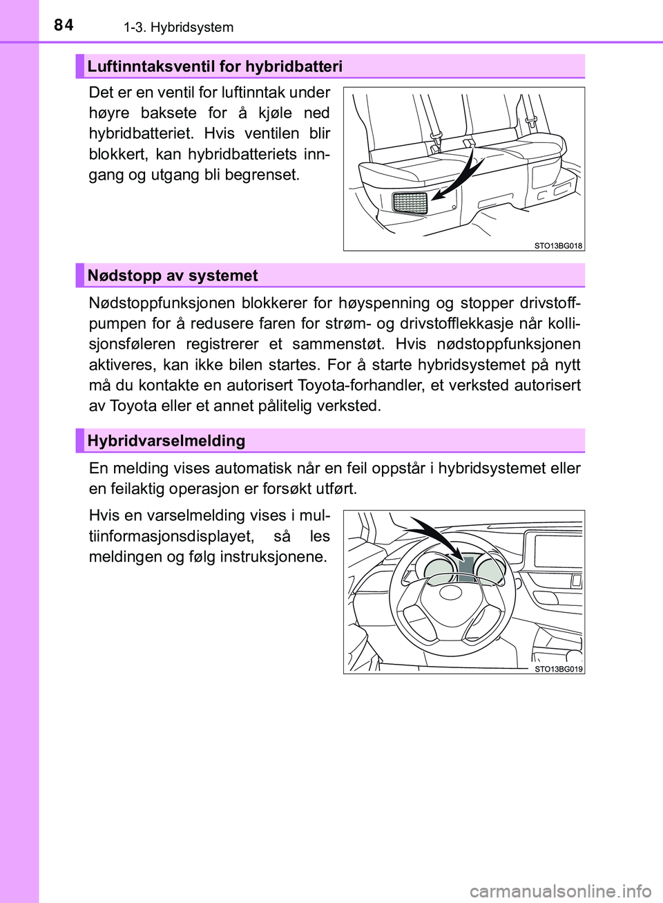 TOYOTA C-HR 2018 Instruksjoner for bruk (in Norwegian) 841-3. Hybridsystem
C-HR_HV_OM_Europe_OM10576NO
Det er en ventil for luftinntak under
høyre baksete for å kjøle ned
hybridbatteriet. Hvis ventilen blir
blokkert, kan hybridbatteriets inn-
gang og u TOYOTA C-HR 2018 Instruksjoner for bruk (in Norwegian) 841-3. Hybridsystem
C-HR_HV_OM_Europe_OM10576NO
Det er en ventil for luftinntak under
høyre baksete for å kjøle ned
hybridbatteriet. Hvis ventilen blir
blokkert, kan hybridbatteriets inn-
gang og u
