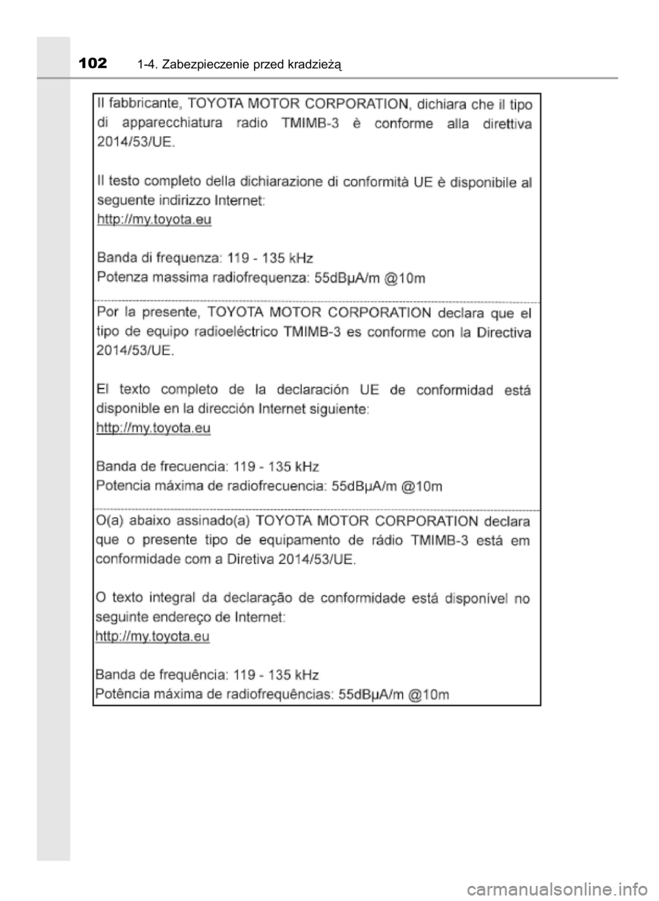 TOYOTA C-HR 2018  Instrukcja obsługi (in Polish) 1021-4. Zabezpieczenie przed kradzie˝à
20 C-HR HV OM10576E  13/6/18  8:51  Page 102    (Black plate) 