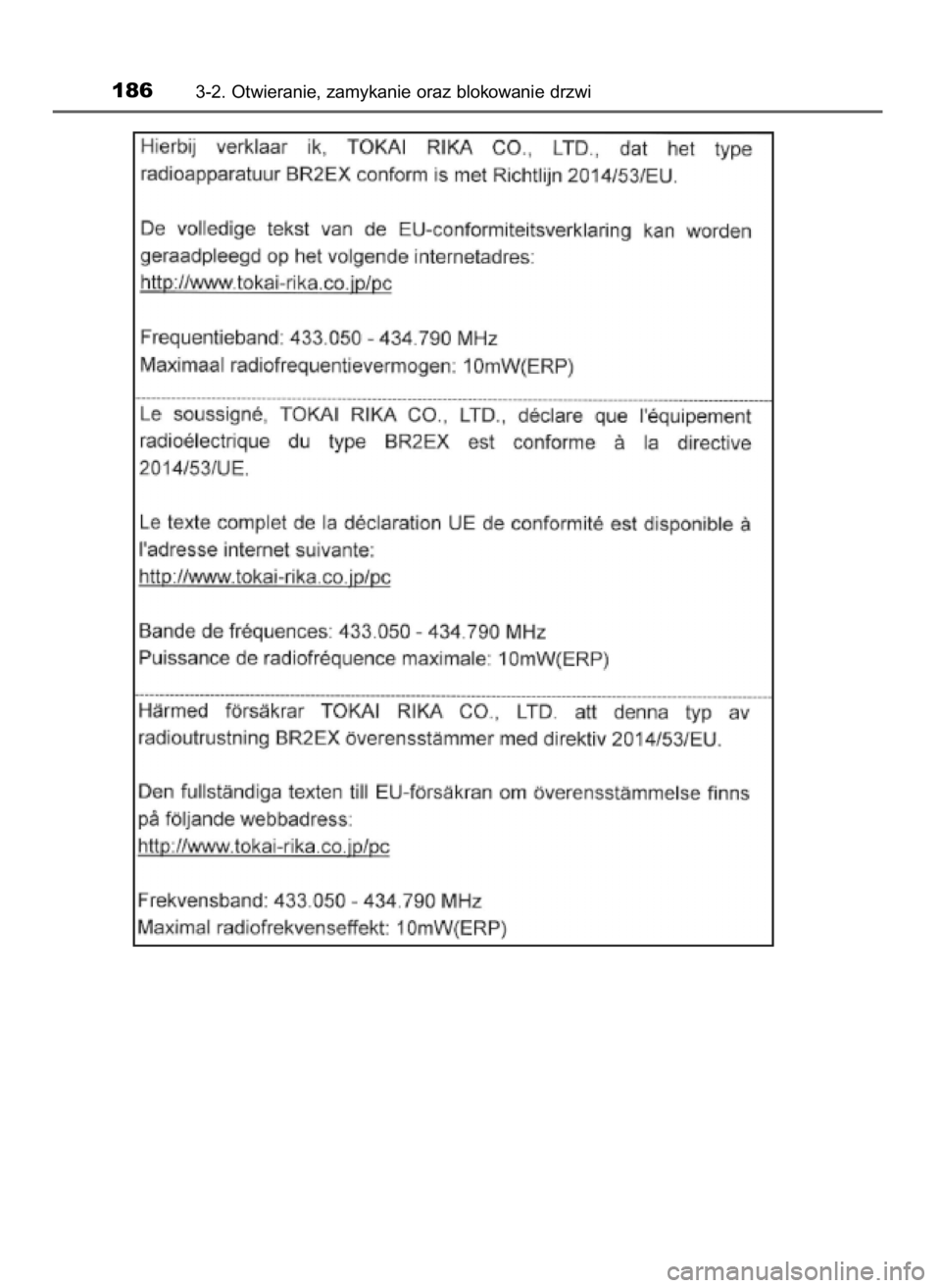 TOYOTA C-HR 2018  Instrukcja obsługi (in Polish) 1863-2. Otwieranie, zamykanie oraz blokowanie drzwi
20 C-HR HV OM10576E  13/6/18  8:51  Page 186    (Black plate) 