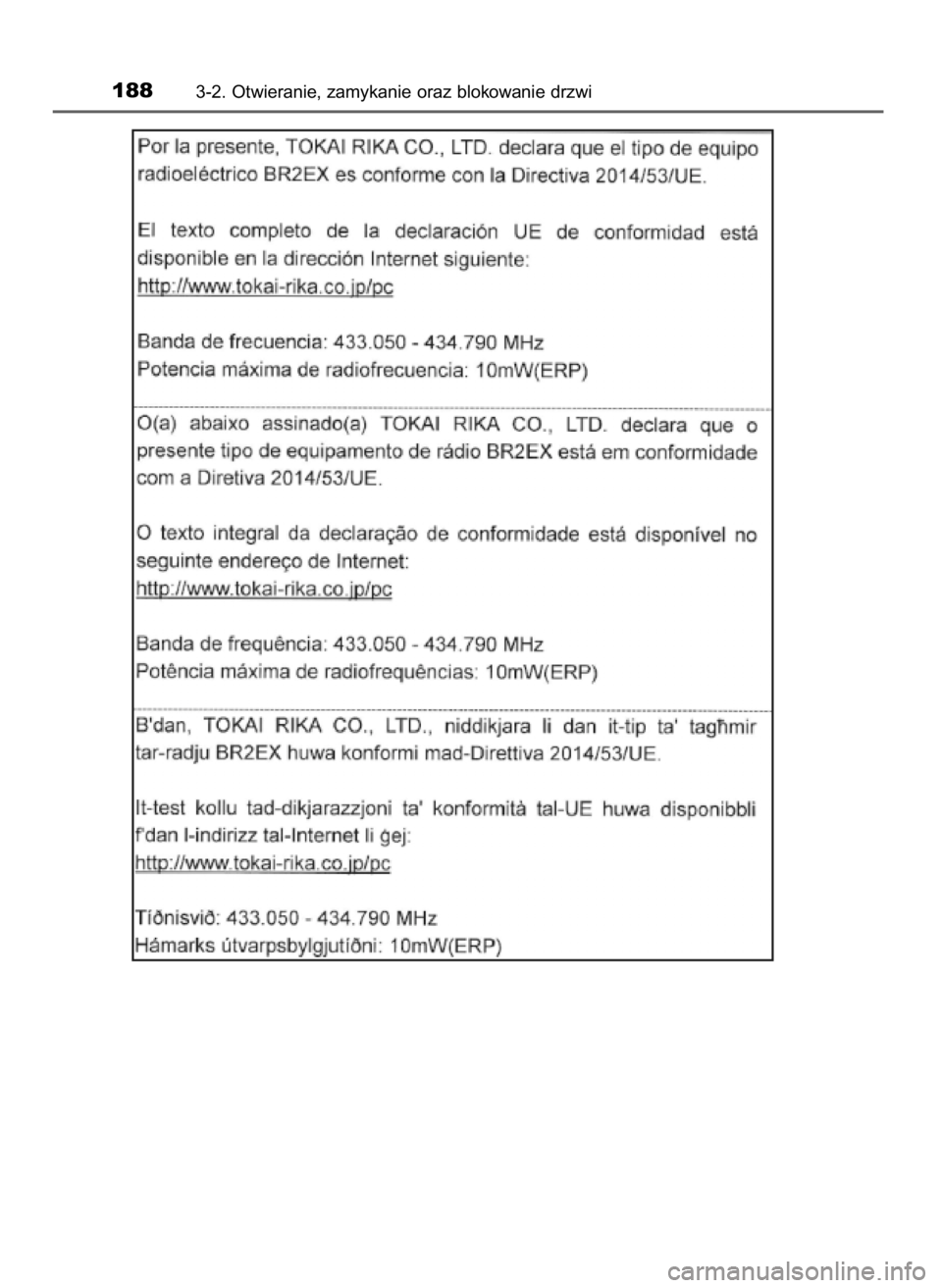 TOYOTA C-HR 2018  Instrukcja obsługi (in Polish) 1883-2. Otwieranie, zamykanie oraz blokowanie drzwi
20 C-HR HV OM10576E  13/6/18  8:51  Page 188    (Black plate) 