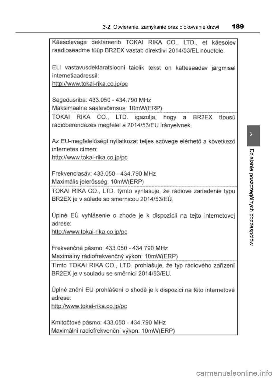 TOYOTA C-HR 2018  Instrukcja obsługi (in Polish) 3-2. Otwieranie, zamykanie oraz blokowanie drzwi189
3
Dzia∏anie poszczególnych podzespo∏ów
20 C-HR HV OM10576E  13/6/18  8:51  Page 189    (Black plate) 