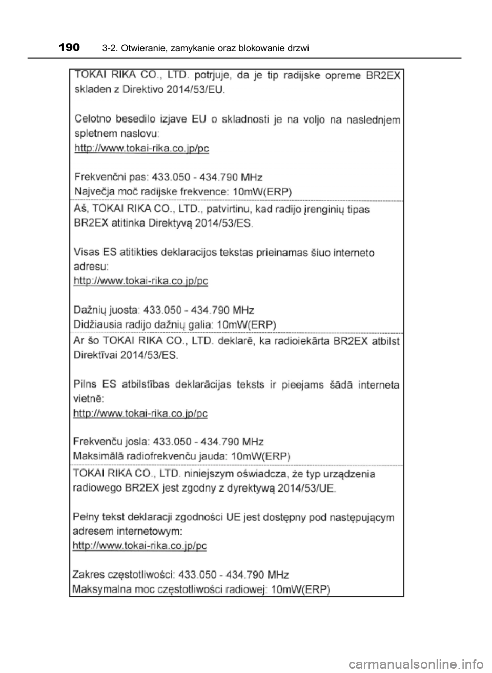 TOYOTA C-HR 2018  Instrukcja obsługi (in Polish) 1903-2. Otwieranie, zamykanie oraz blokowanie drzwi
20 C-HR HV OM10576E  13/6/18  8:51  Page 190    (Black plate) 