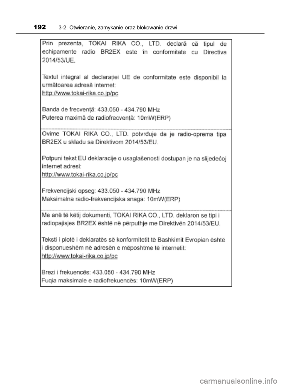 TOYOTA C-HR 2018  Instrukcja obsługi (in Polish) 1923-2. Otwieranie, zamykanie oraz blokowanie drzwi
20 C-HR HV OM10576E  13/6/18  8:51  Page 192    (Black plate) 