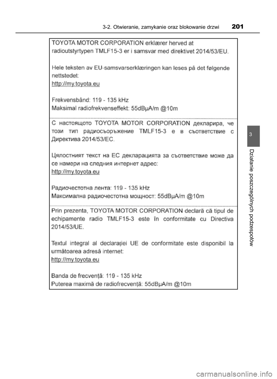 TOYOTA C-HR 2018  Instrukcja obsługi (in Polish) 3-2. Otwieranie, zamykanie oraz blokowanie drzwi201
3
Dzia∏anie poszczególnych podzespo∏ów
20 C-HR HV OM10576E  13/6/18  8:51  Page 201    (Black plate) 