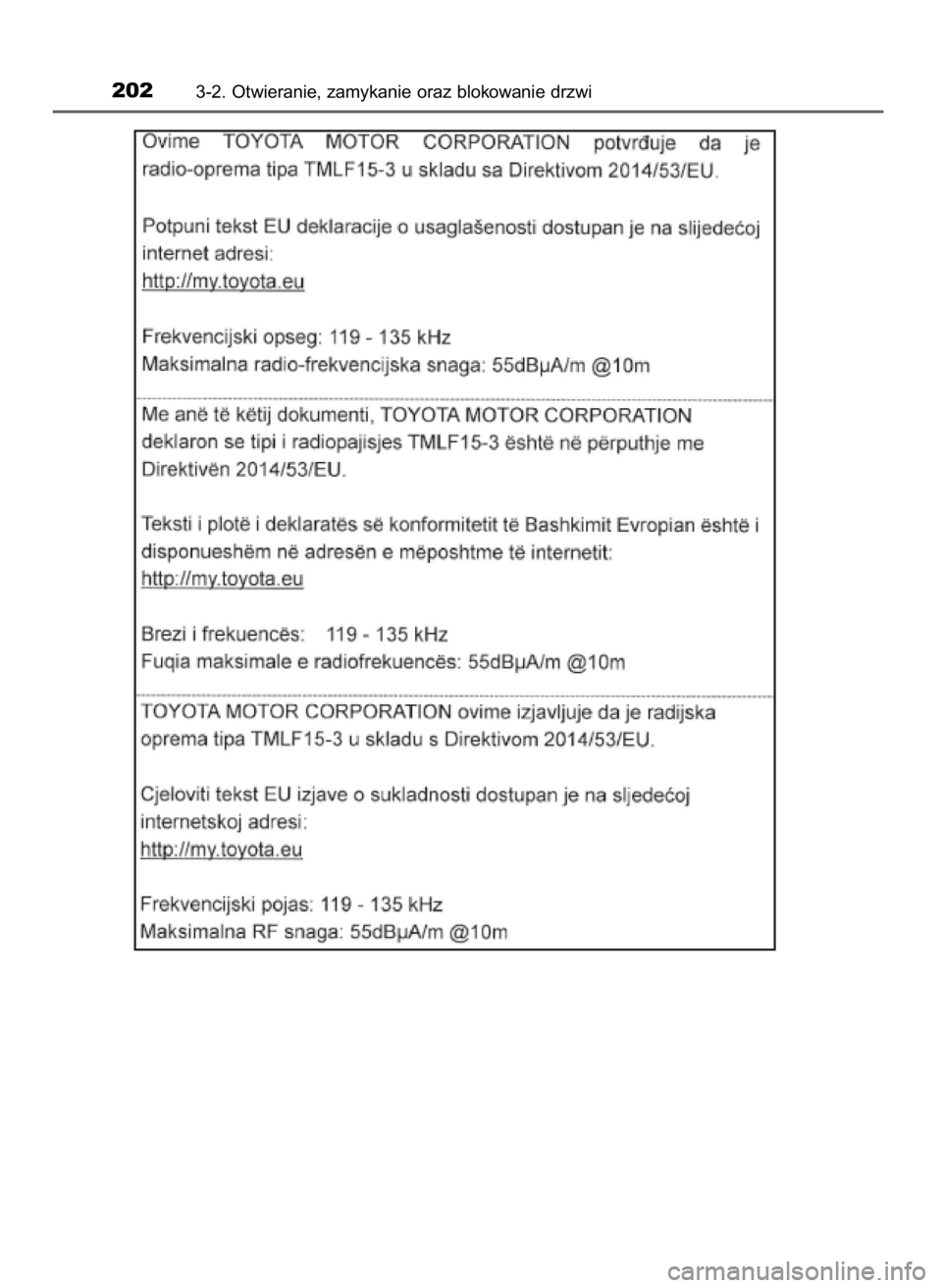 TOYOTA C-HR 2018  Instrukcja obsługi (in Polish) 2023-2. Otwieranie, zamykanie oraz blokowanie drzwi
20 C-HR HV OM10576E  13/6/18  8:51  Page 202    (Black plate) 