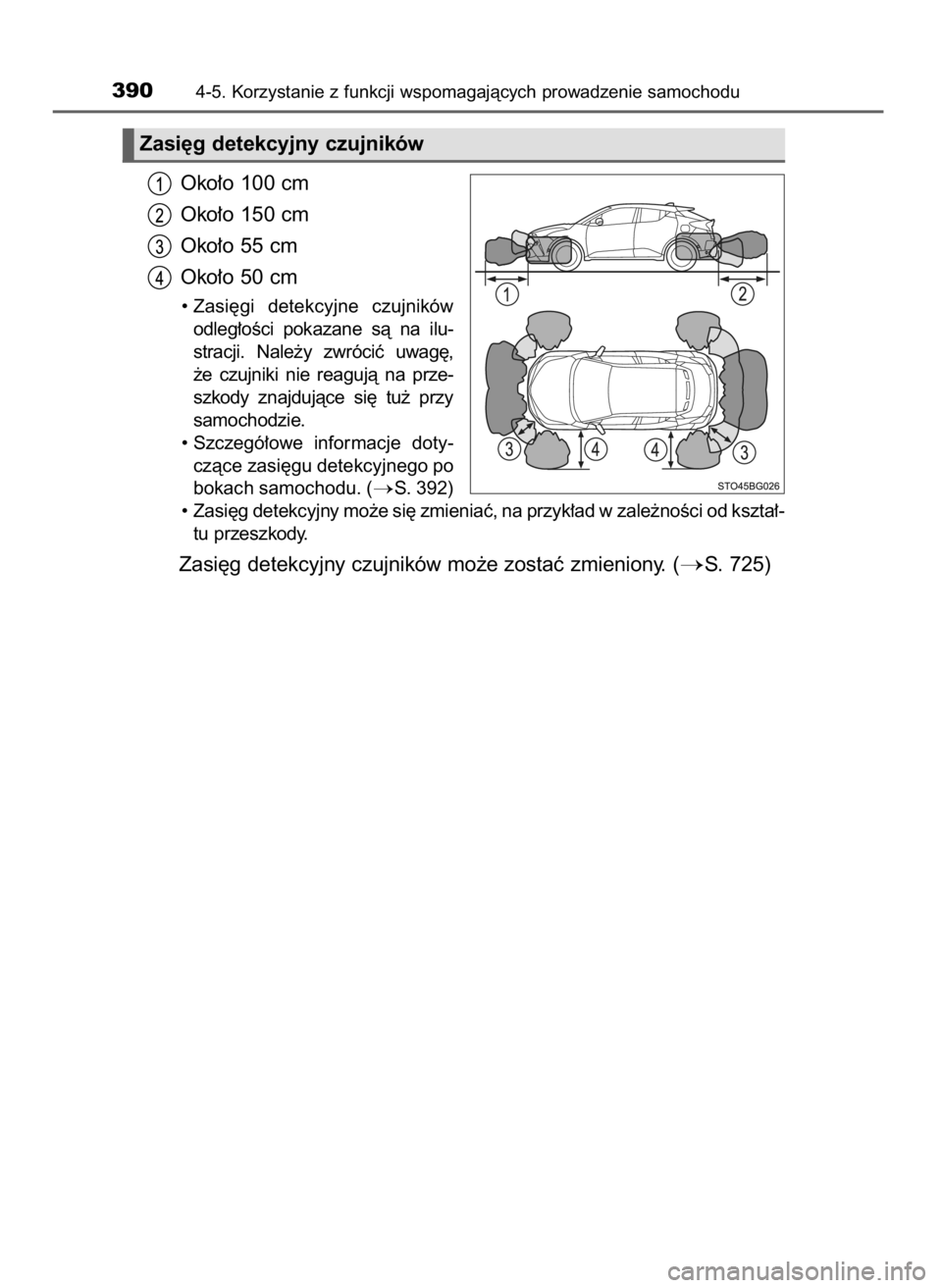TOYOTA C-HR 2018 Instrukcja obsługi (in Polish) Oko∏o 100 cm
Oko∏o 150 cm
Oko∏o 55 cm
Oko∏o 50 cm
• Zasi´gi detekcyjne czujników
odleg∏oÊci pokazane sà na ilu-
stracji. Nale˝y zwróciç uwag´,
˝e czujniki nie reagujà TOYOTA C-HR 2018 Instrukcja obsługi (in Polish) Oko∏o 100 cm
Oko∏o 150 cm
Oko∏o 55 cm
Oko∏o 50 cm
• Zasi´gi detekcyjne czujników
odleg∏oÊci pokazane sà na ilu-
stracji. Nale˝y zwróciç uwag´,
˝e czujniki nie reagujà