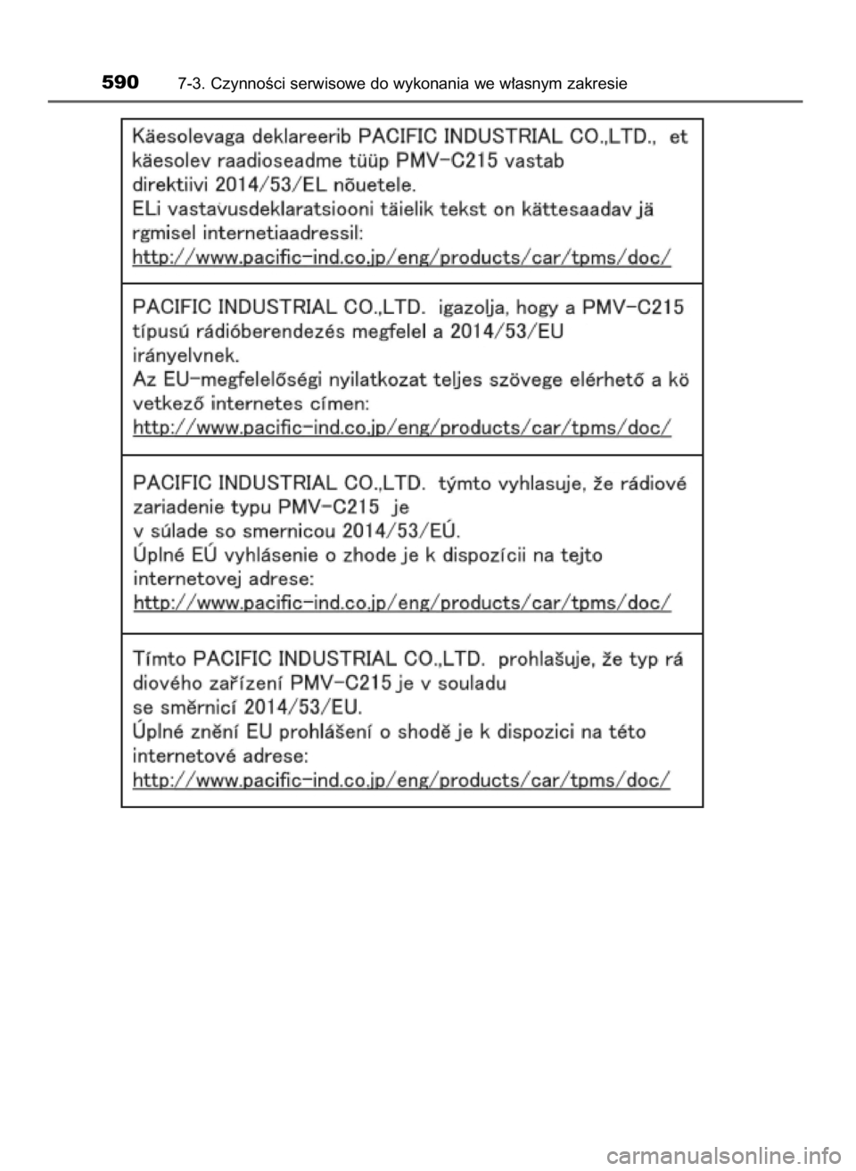 TOYOTA C-HR 2018  Instrukcja obsługi (in Polish) 5907-3. CzynnoÊci serwisowe do wykonania we w∏asnym zakresie
20 C-HR HV OM10576E  13/6/18  8:52  Page 590    (Black plate) 
