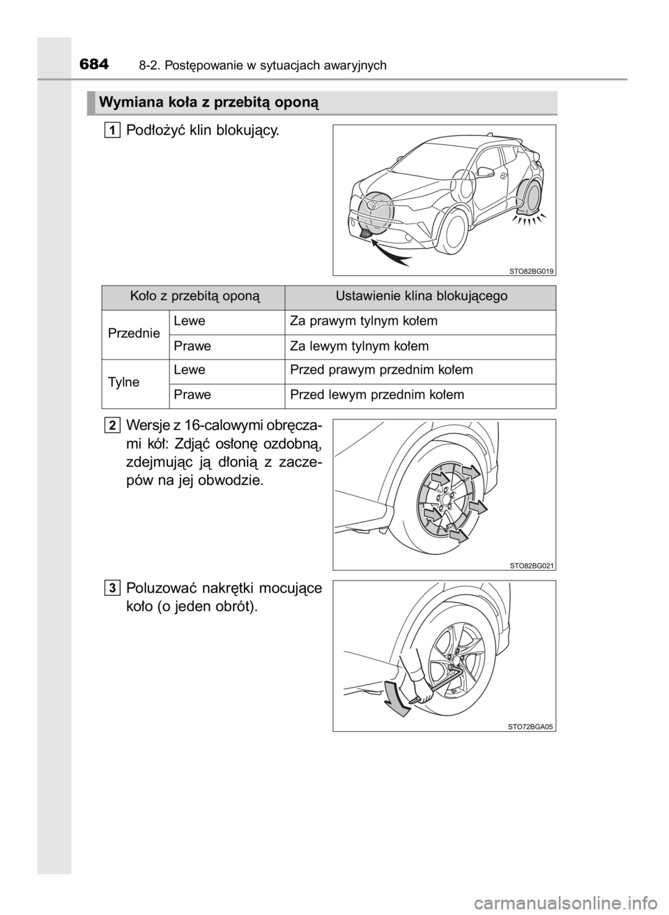 TOYOTA C-HR 2018  Instrukcja obsługi (in Polish) Pod∏o˝yç klin blokujàcy.
Wersje z 16-calowymi obr´cza-
mi  kó∏:  Zdjàç  os∏on´  ozdobnà,
zdejmujàc  jà  d∏onià  z zacze-
pów na jej obwodzie.
Poluzowaç  nakr´tki  mocujàce
ko